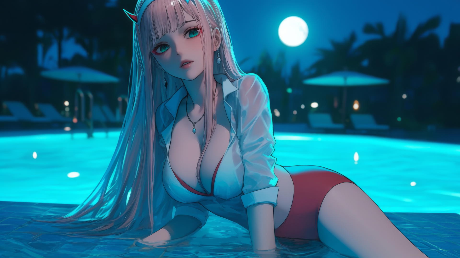 Zero Two from DARLING in the FRANXX resting by a rainy pool under moonlight.