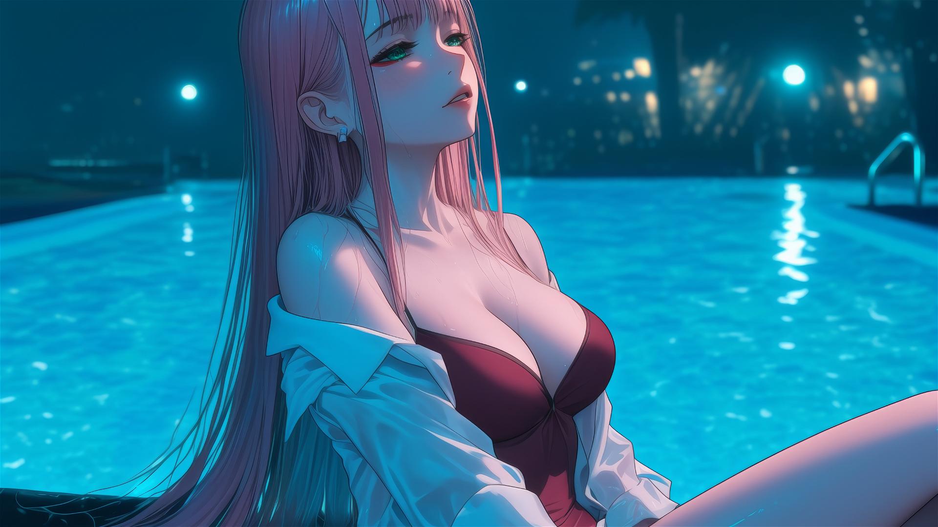 Zero Two from DARLING in the FRANXX reclining by a rainy pool, moonlit, with long pink hair.