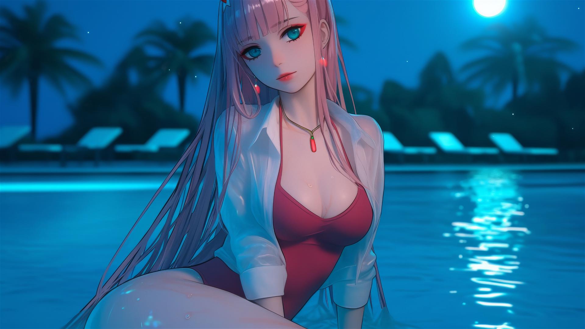 Zero Two from DARLING in the FRANXX resting by a rainy swimming pool under moonlight.