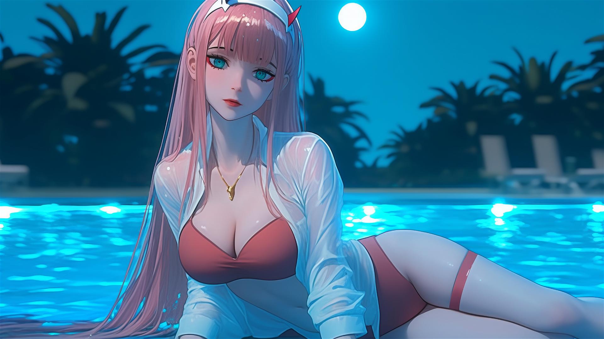 Zero Two from DARLING in the FRANXX resting by a rainy swimming pool, moonlight glow