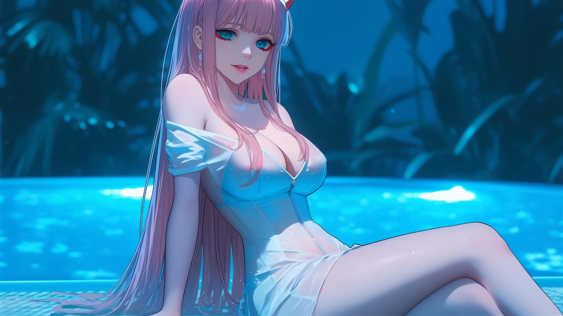 Zero Two from DARLING in the FRANXX resting by a rainy pool under moonlight