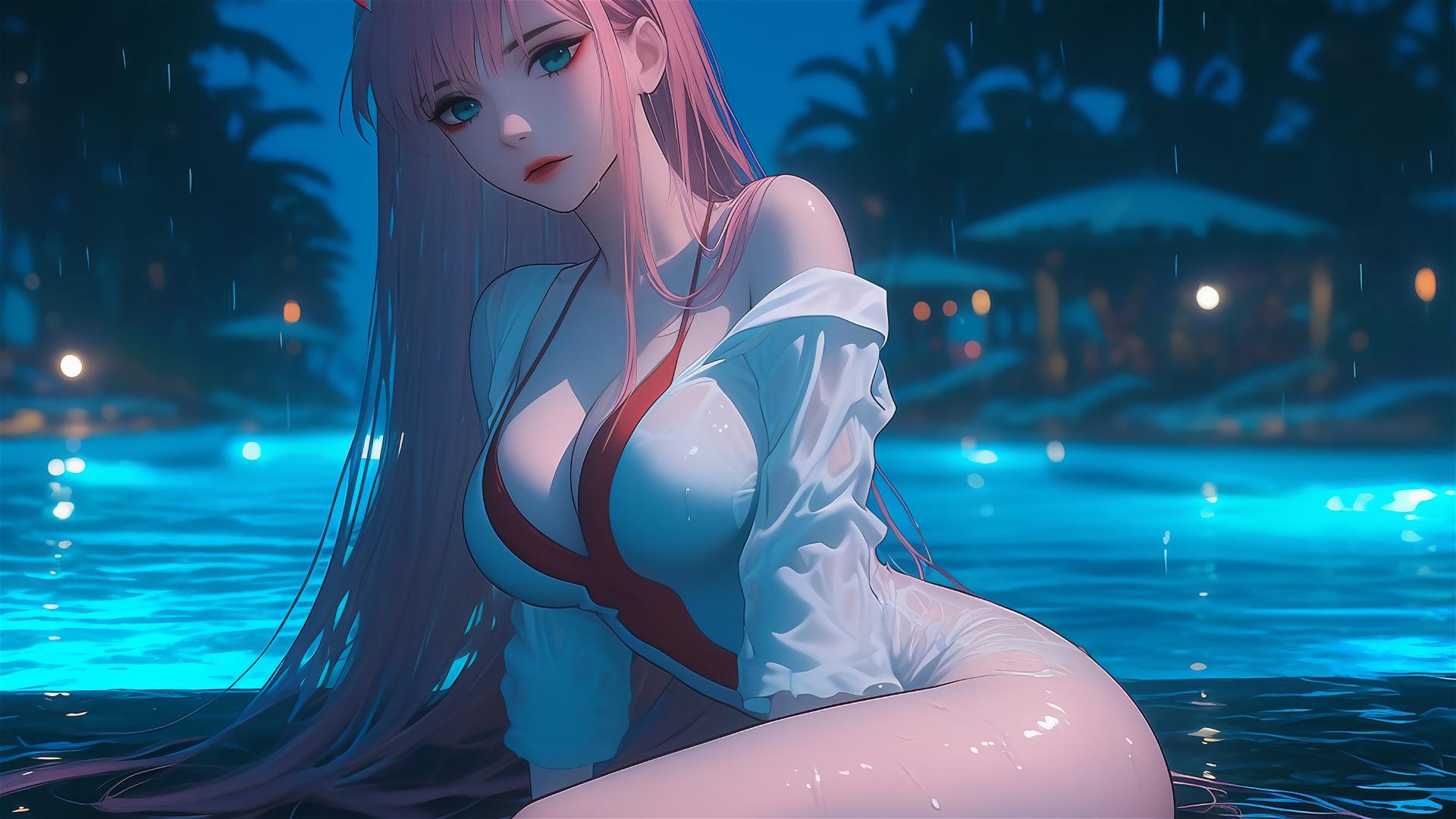 Zero Two from DARLING in the FRANXX resting by a rainy pool with moonlight glow