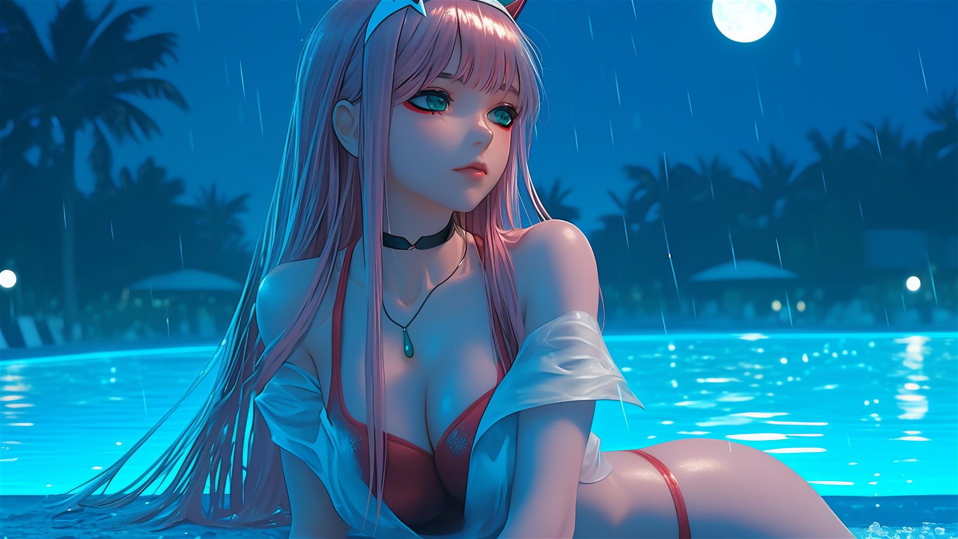Zero Two resting by a rainy swimming pool under moonlight