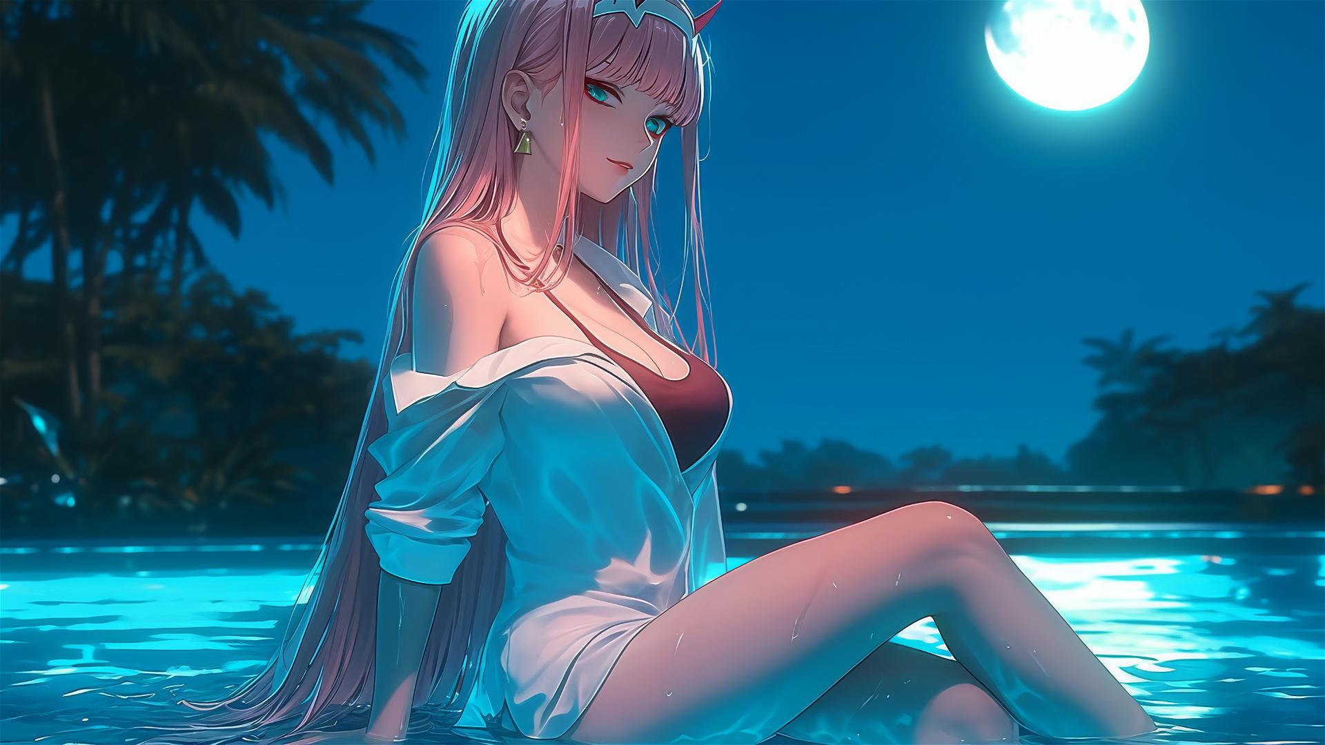 Zero Two from DARLING in the FRANXX relaxing by a rainy pool under moonlight.