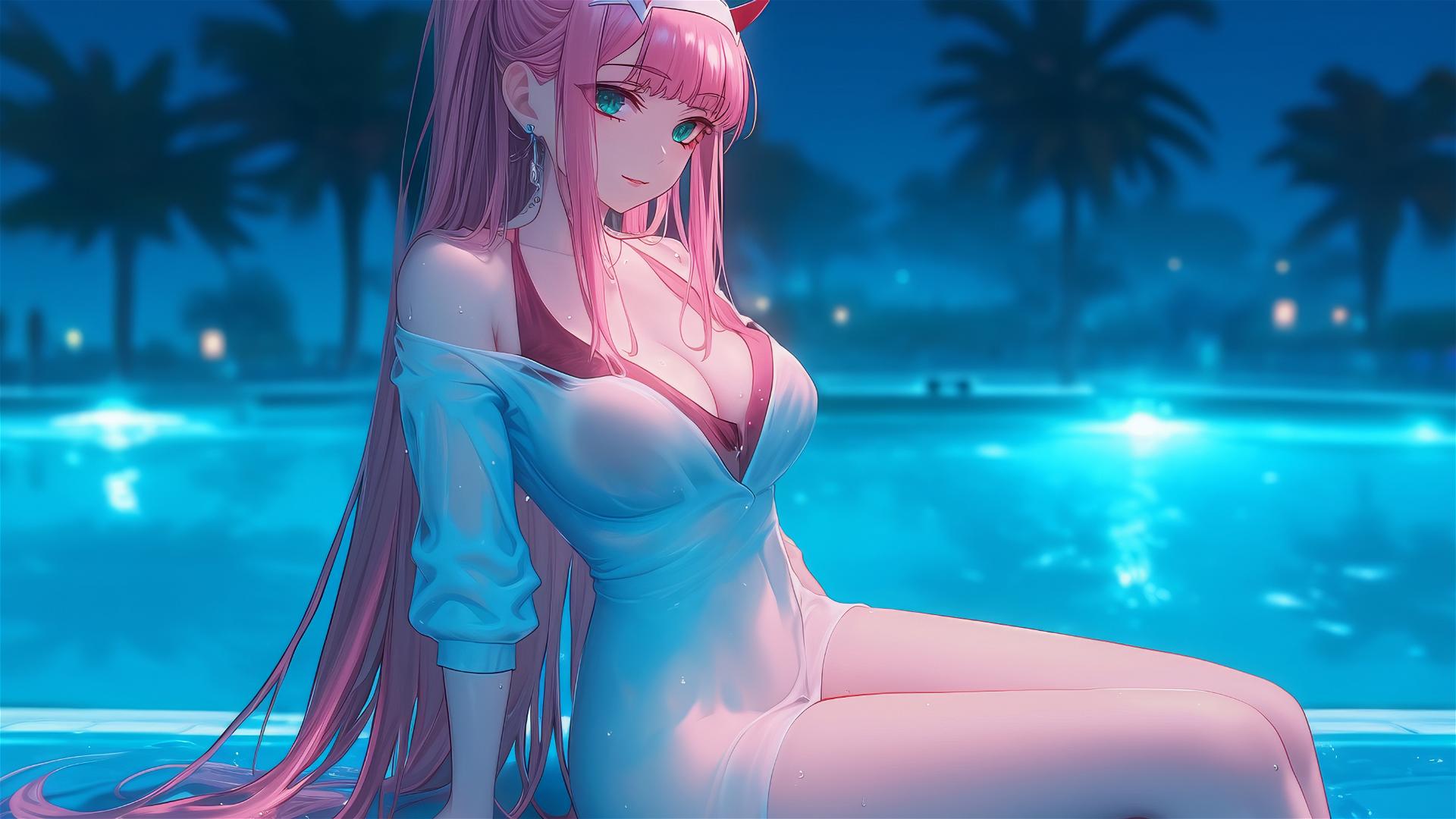 Zero Two from DARLING in the FRANXX resting by a rainy pool, moonlight glow, long pink hair