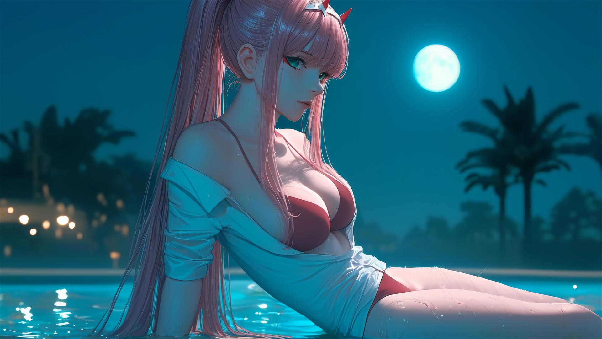 Zero Two from DARLING in the FRANXX resting by a rainy pool, moonlit.