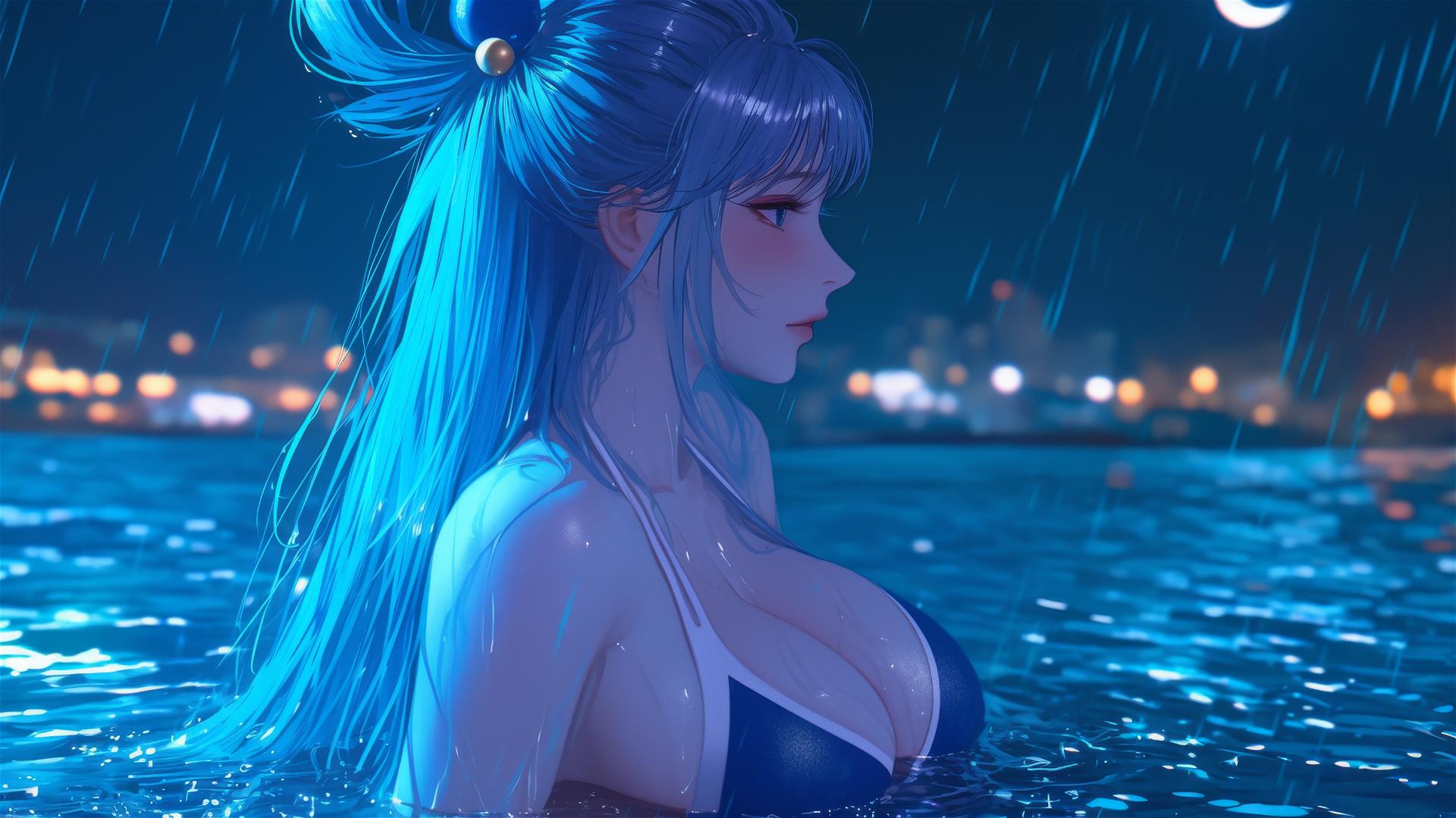 Aqua from KonoSuba resting by a rainy swimming pool under moonlight