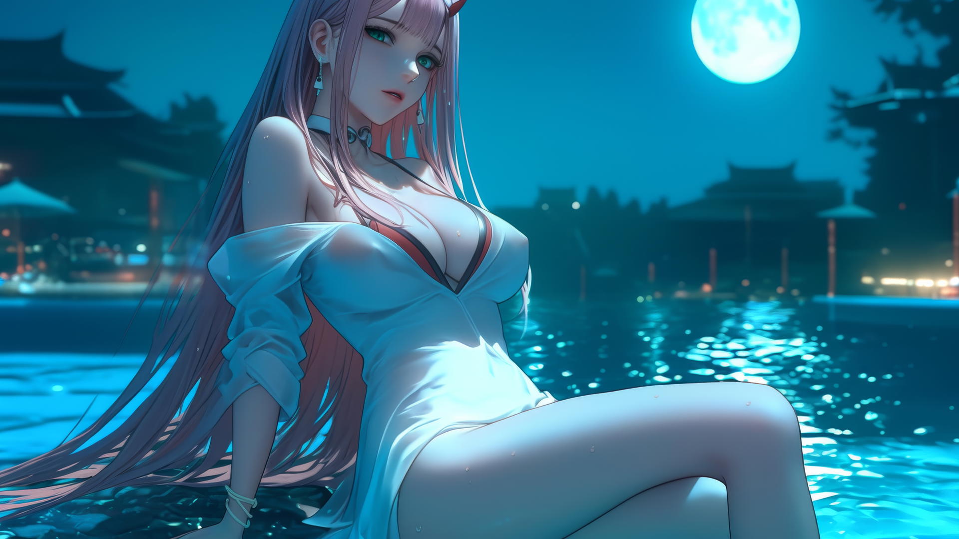 Zero Two from DARLING in the FRANXX resting by a rainy pool in moonlight