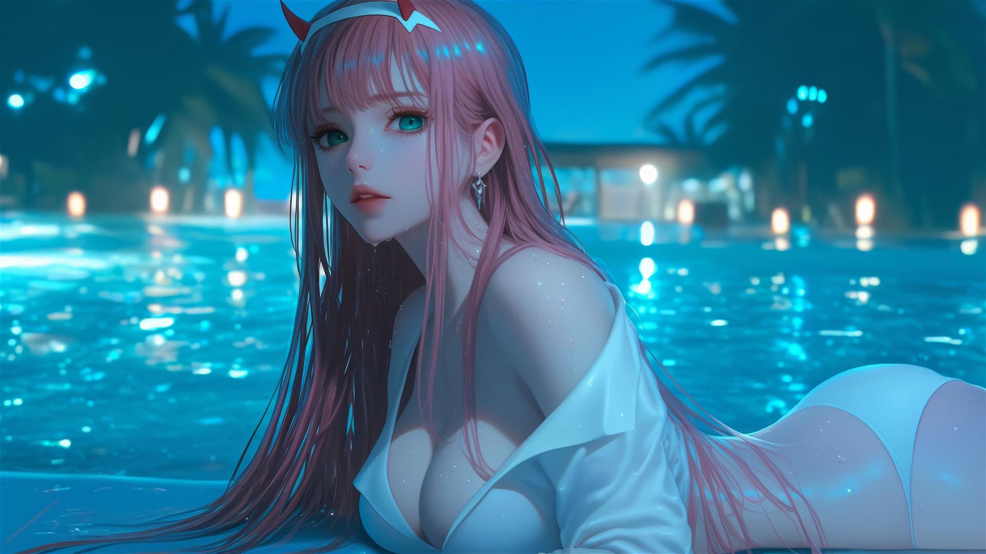 Zero Two from DARLING in the FRANXX resting by rainy swimming pool, moonlight glow