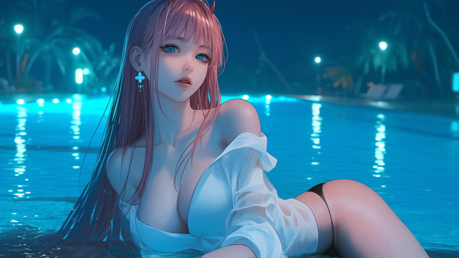 Zero Two from DARLING in the FRANXX resting by a rainy swimming pool with moonlight.