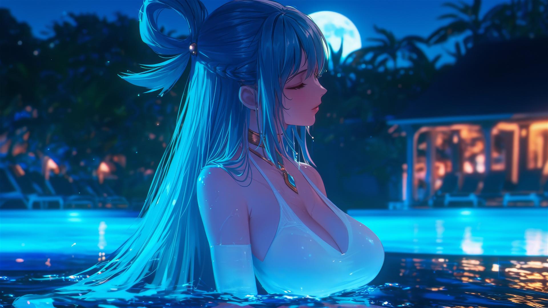 Aqua from KonoSuba resting by a rainy swimming pool under moonlight