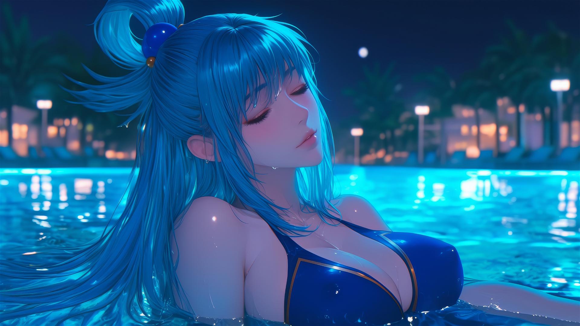 Aqua from KonoSuba resting by a rainy swimming pool under moonlight