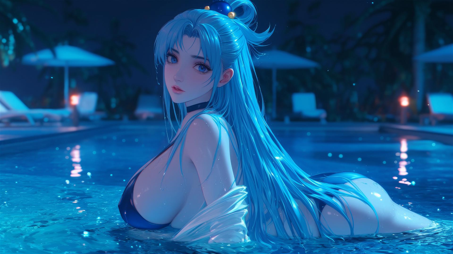 Aqua from KonoSuba resting by a rainy swimming pool under moonlight, with light blue hair and eyes.