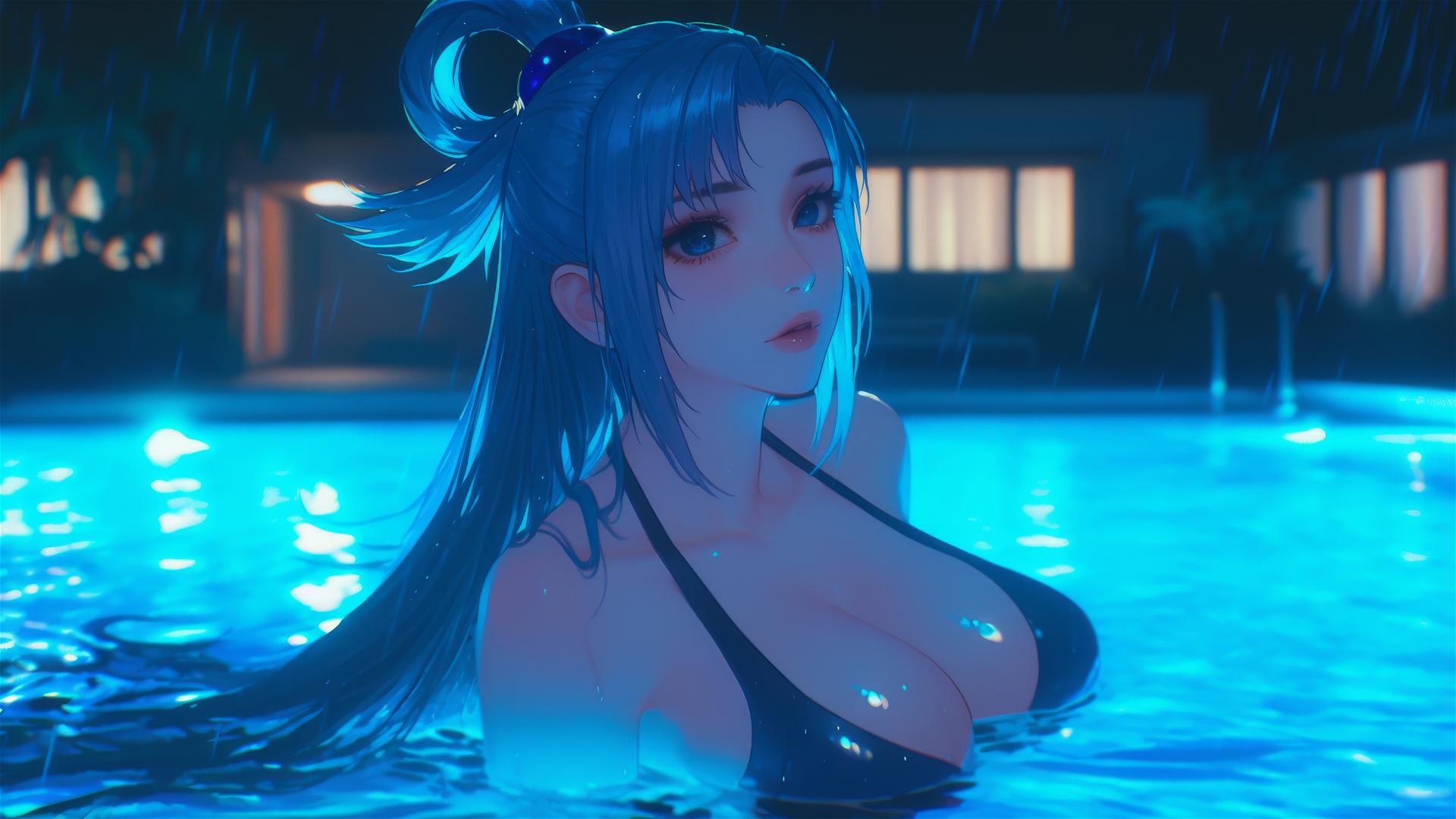 Aqua from KonoSuba resting by a rainy pool under soft moonlight.