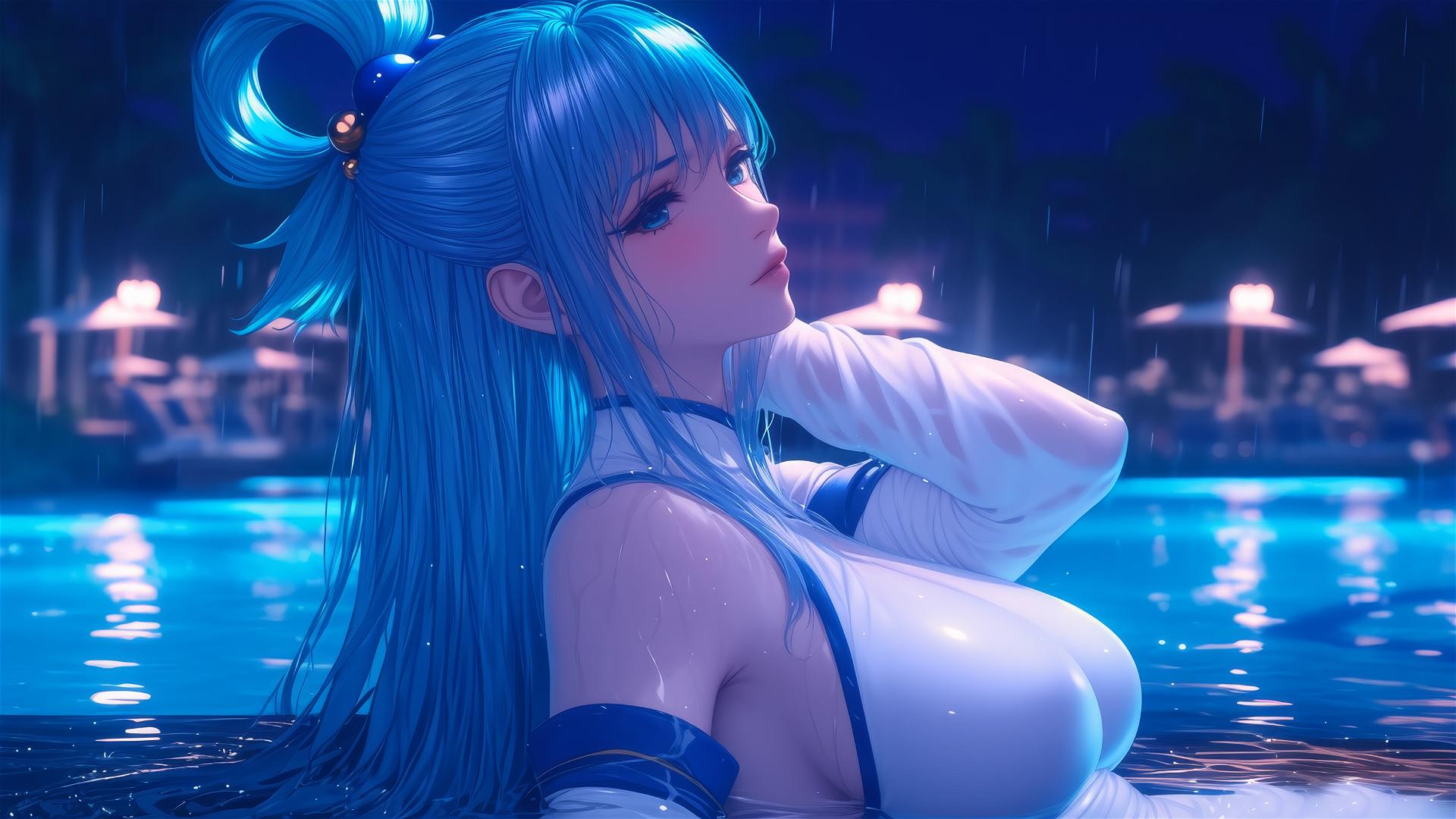 Aqua from KonoSuba resting by a rainy swimming pool in moonlight