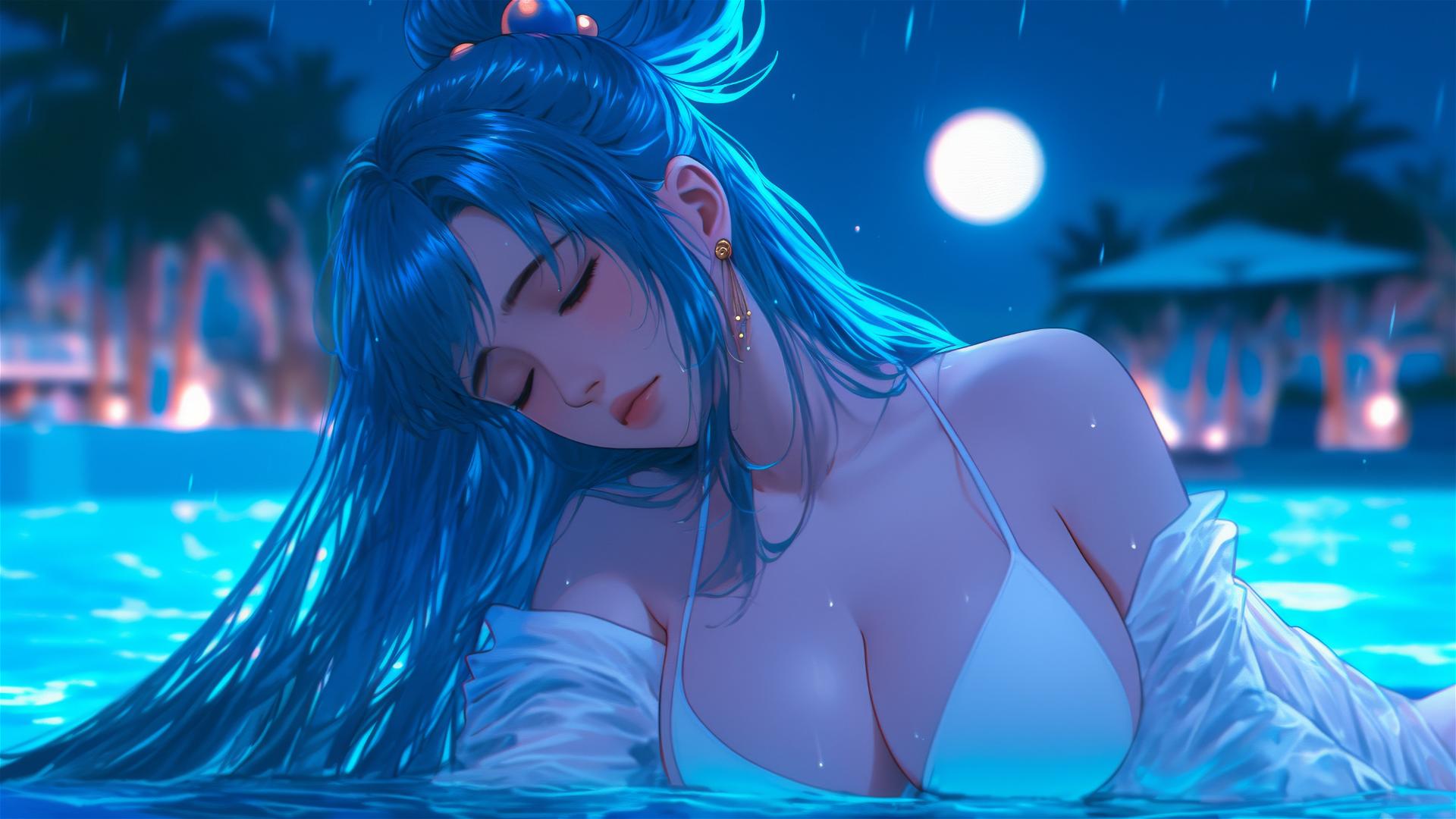 Aqua from KonoSuba resting by a rainy swimming pool under moonlight.