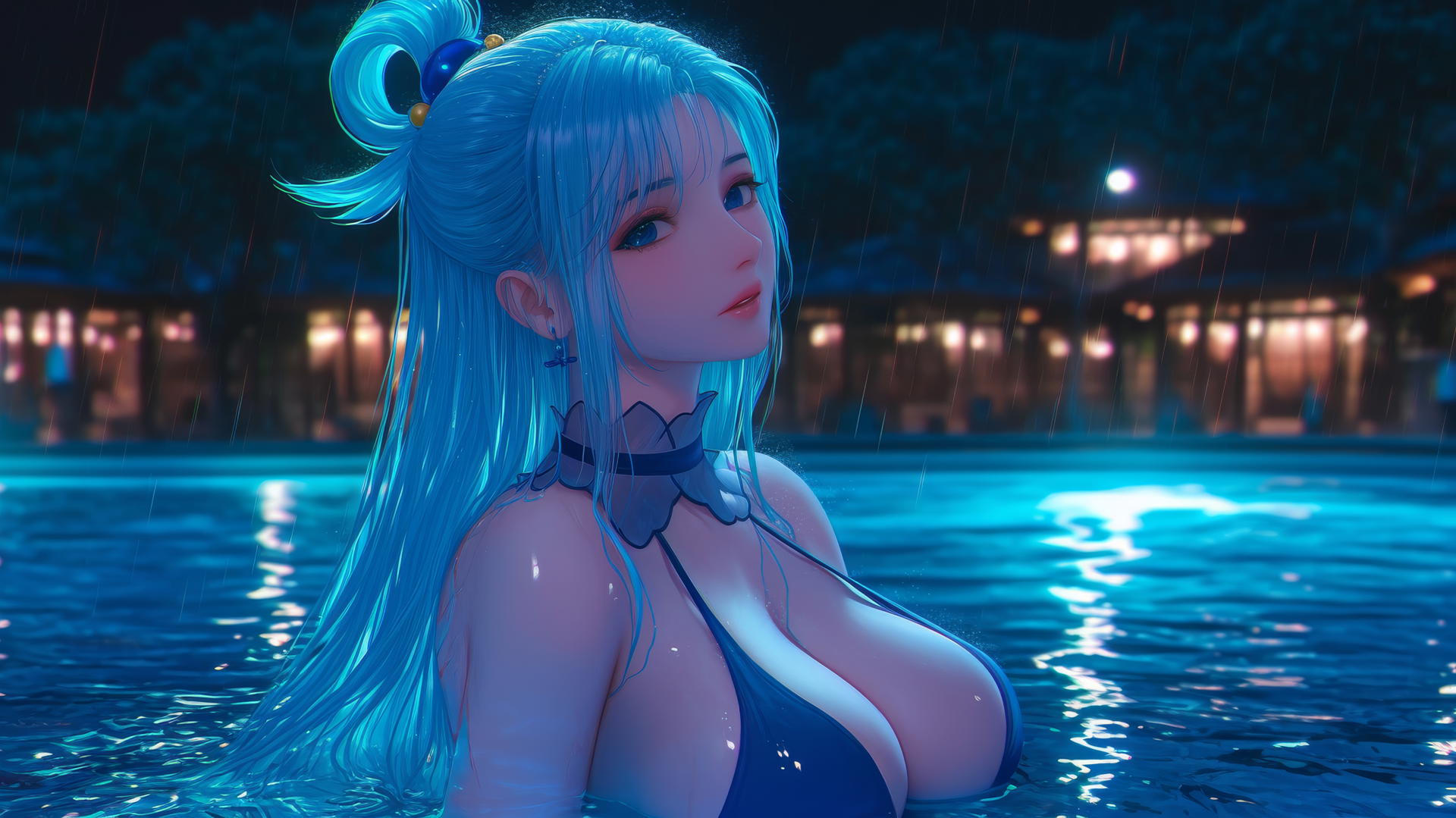 Aqua from KonoSuba resting by a rainy swimming pool under moonlight