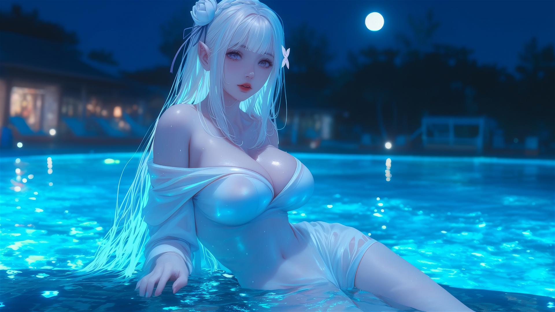 Emilia from Re:Zero resting by a swimming pool under moonlight.