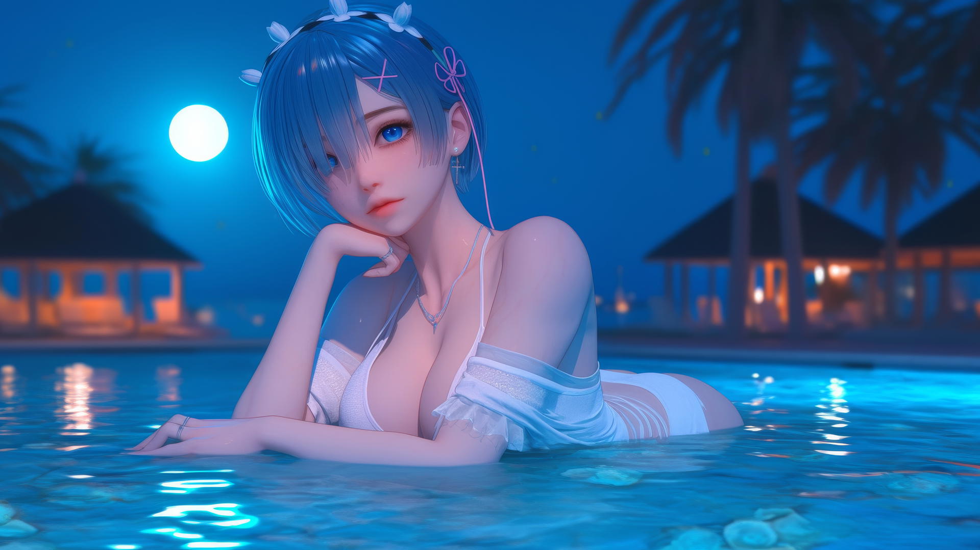 Rem from Re:Zero resting by the swimming pool in moonlight.