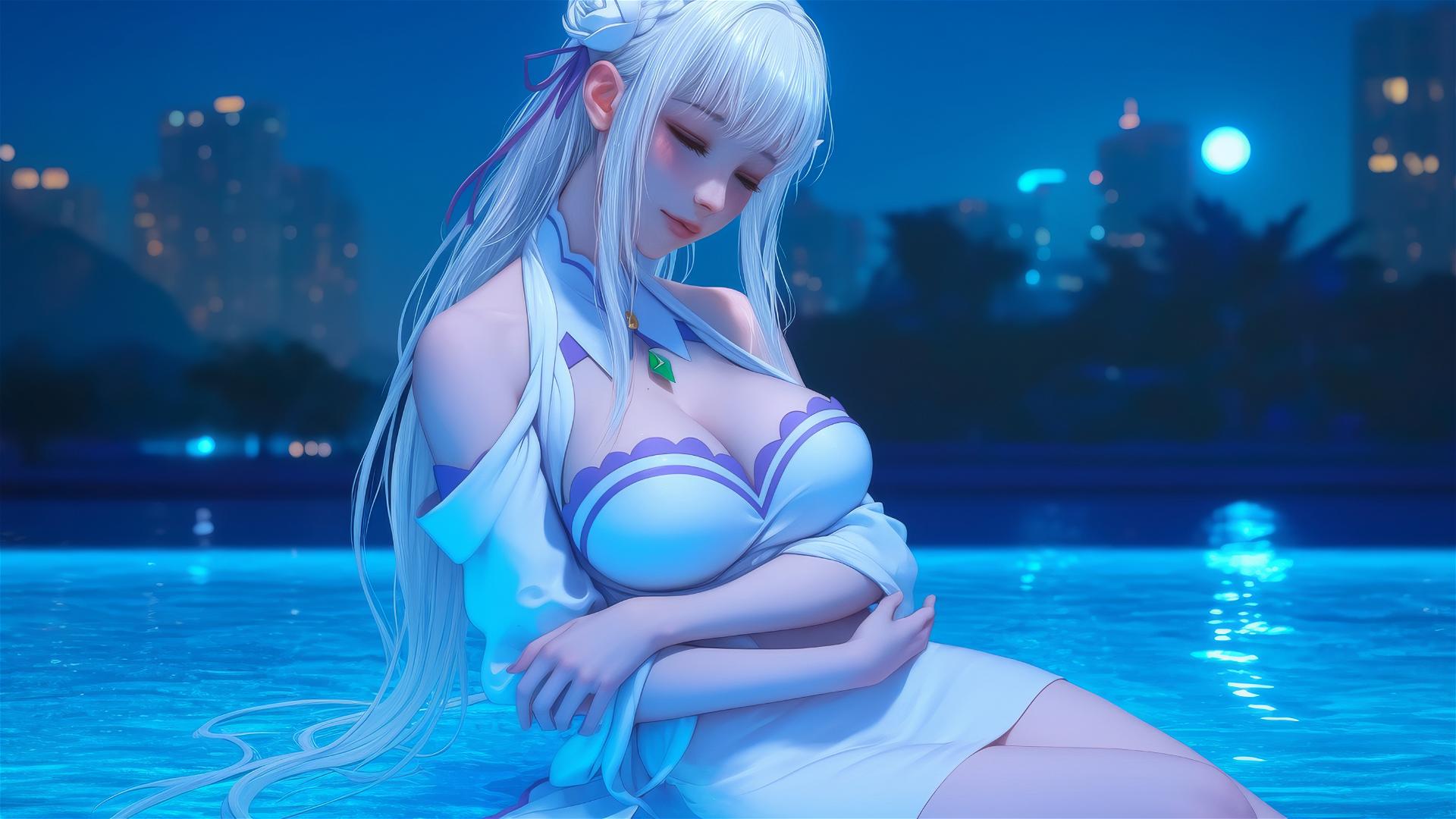 Emilia from Re:Zero resting by a swimming pool under moonlight