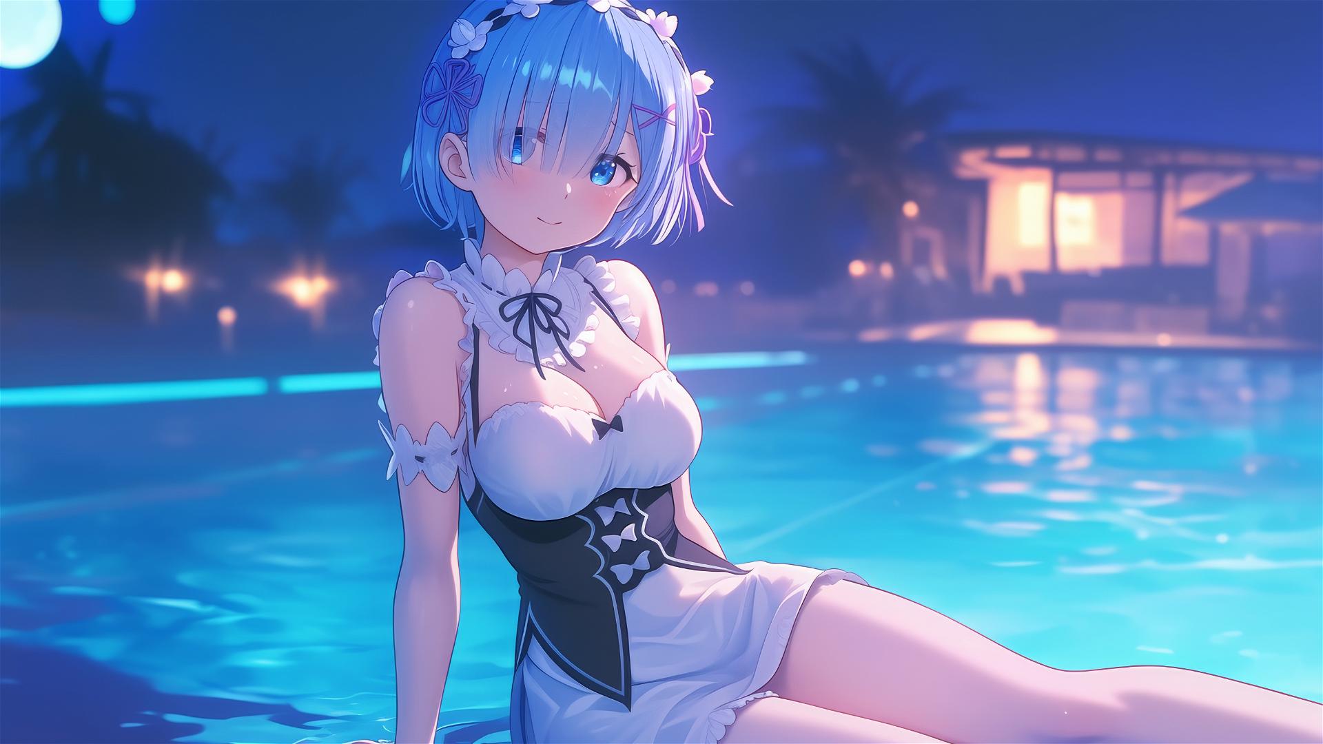 Rem from Re:Zero relaxing by the pool in moonlight