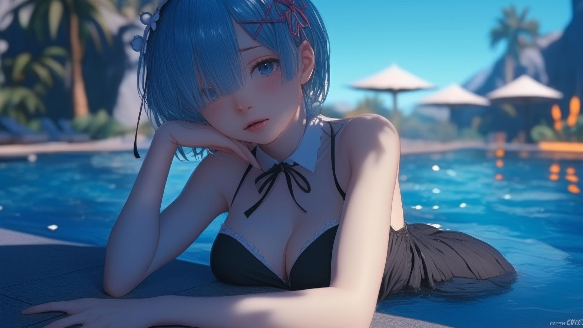 Rem from Re:Zero resting by the swimming pool under moonlight