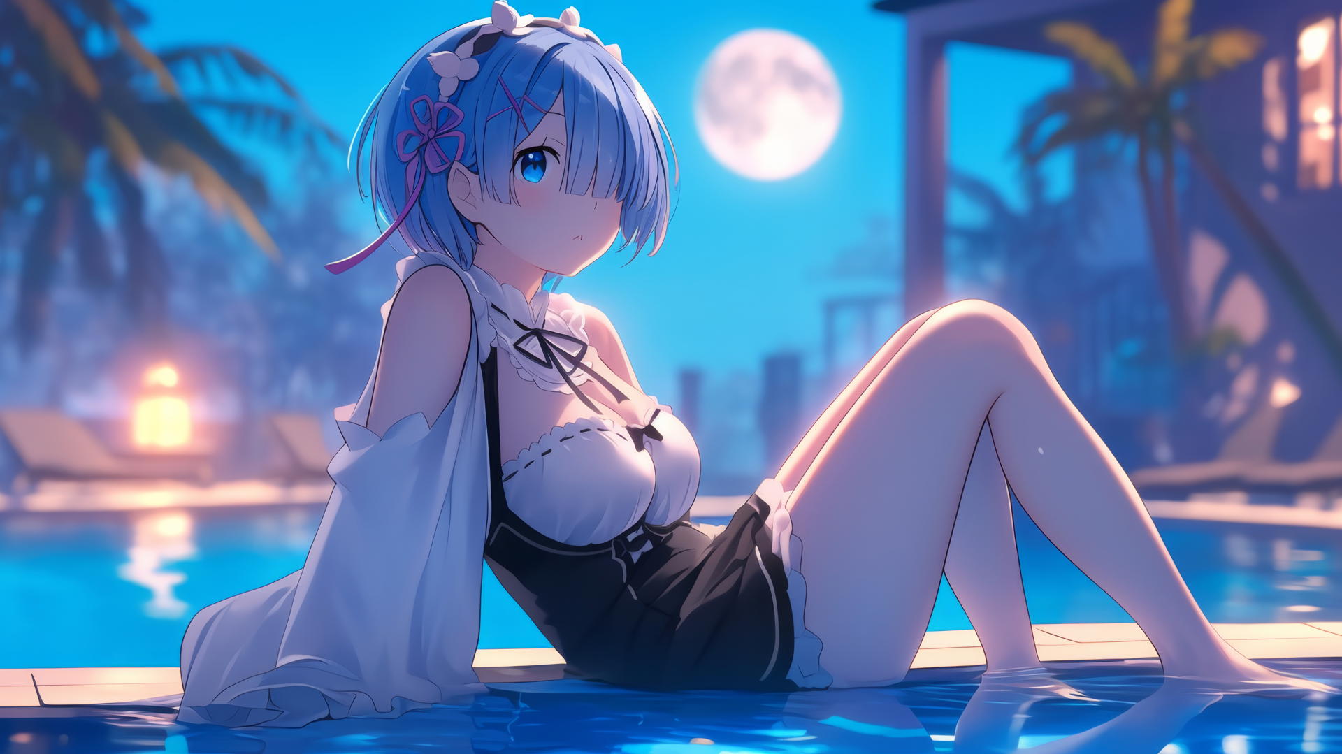 Rem from Re:Zero resting by the swimming pool under moonlight