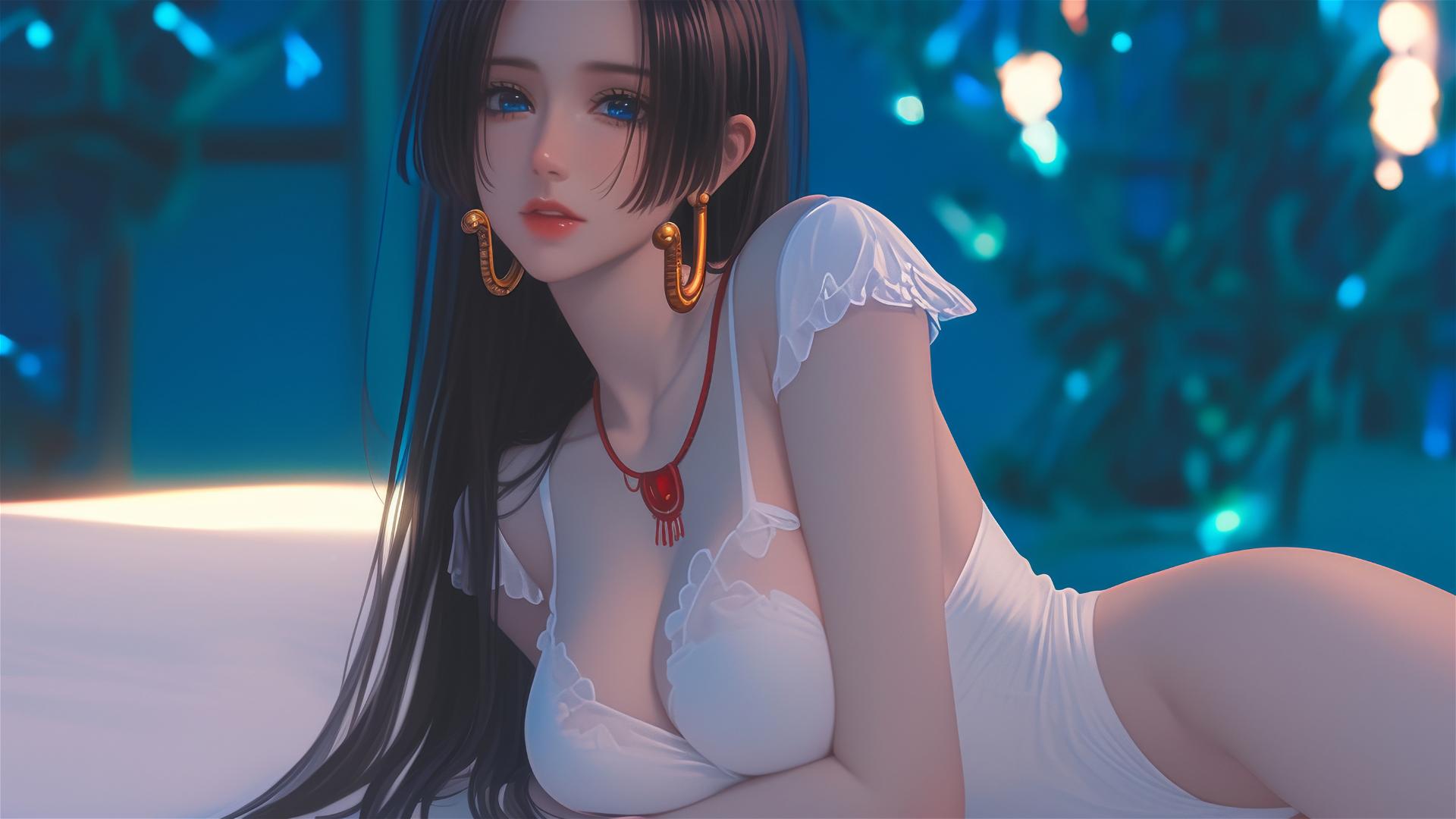 Boa Hancock from One Piece resting in a modern hotel room with soft warm light
