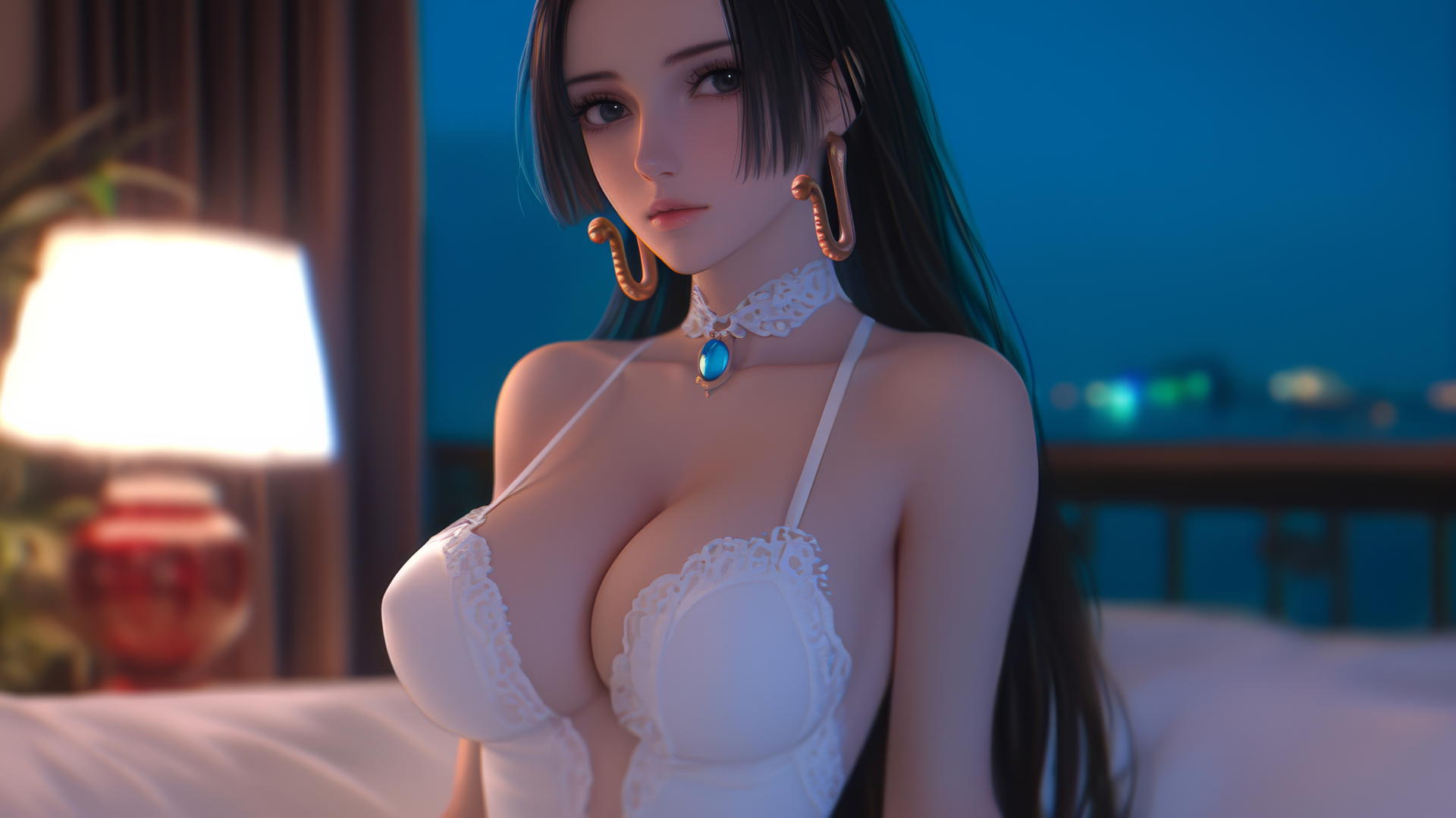 Boa Hancock from One Piece resting in a modern hotel room with warm light