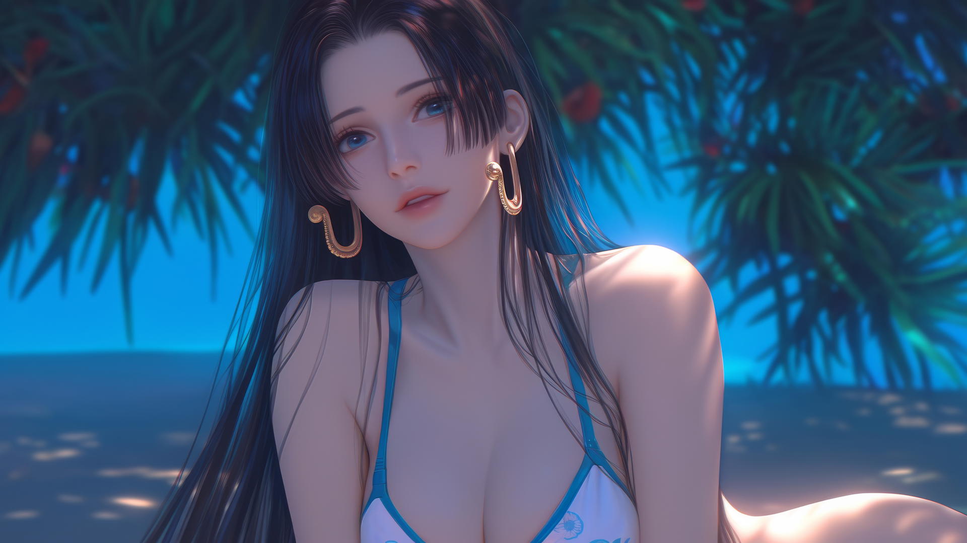 Boa Hancock from One Piece resting at a beach in warm light