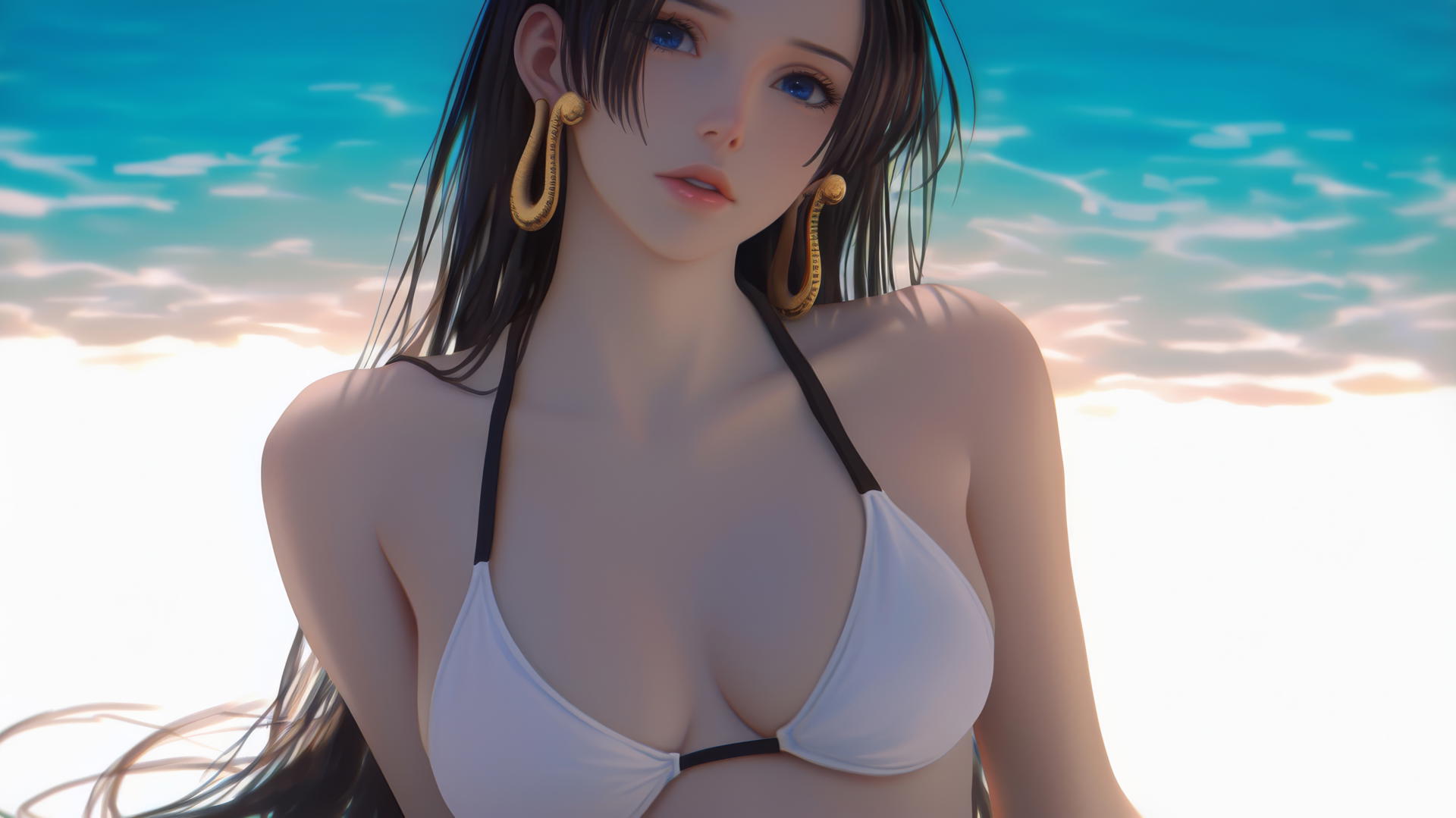 Boa Hancock from One Piece resting at a beach during warm sunset.