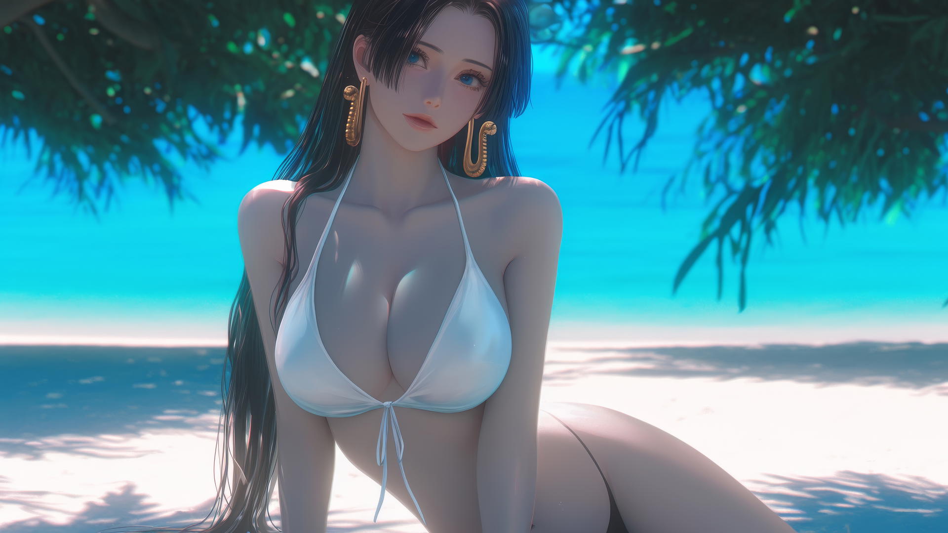 Boa Hancock from One Piece resting at the beach in warm light