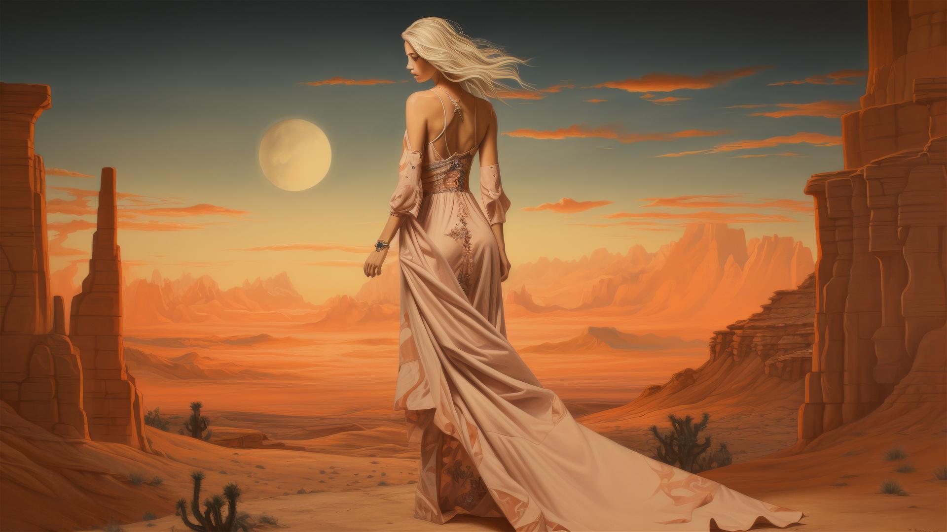 White-haired woman in terracotta dress walking in desert with moon