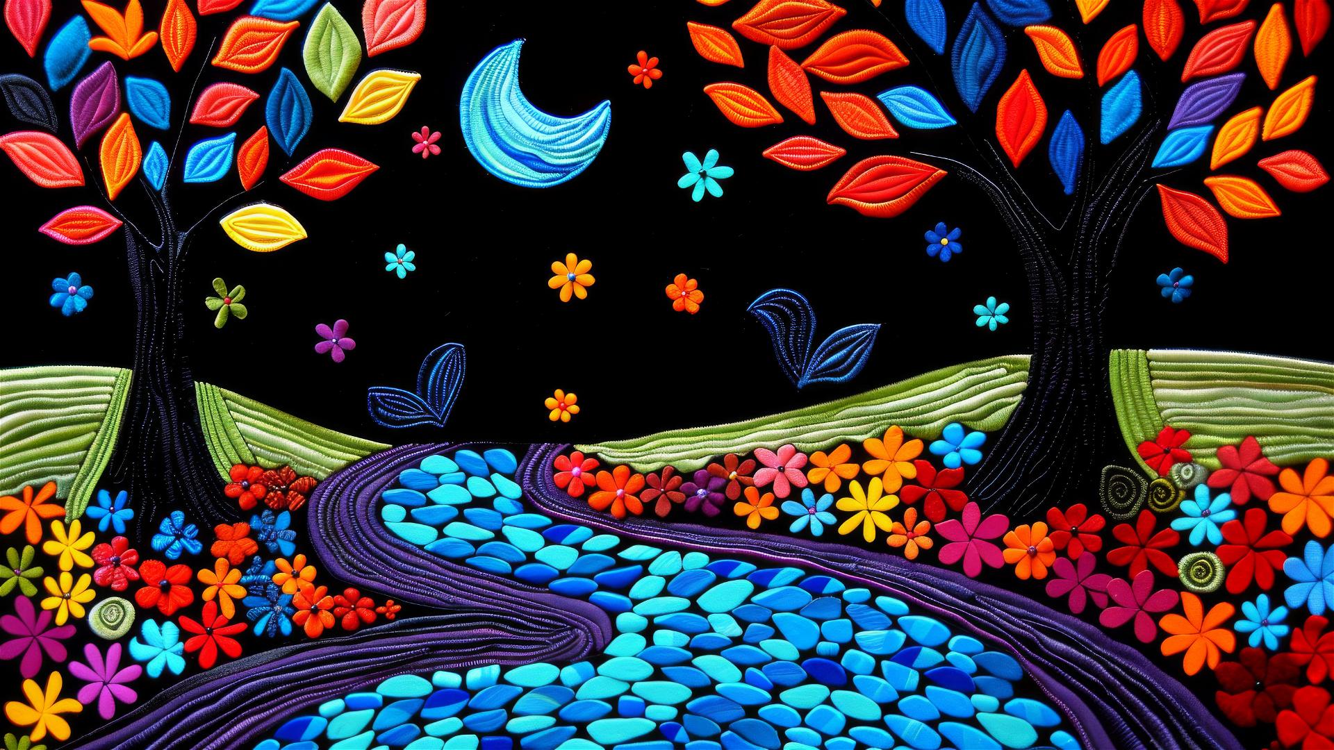 Forest scene with hidden creatures, autumn leaves, starry sky, sunset