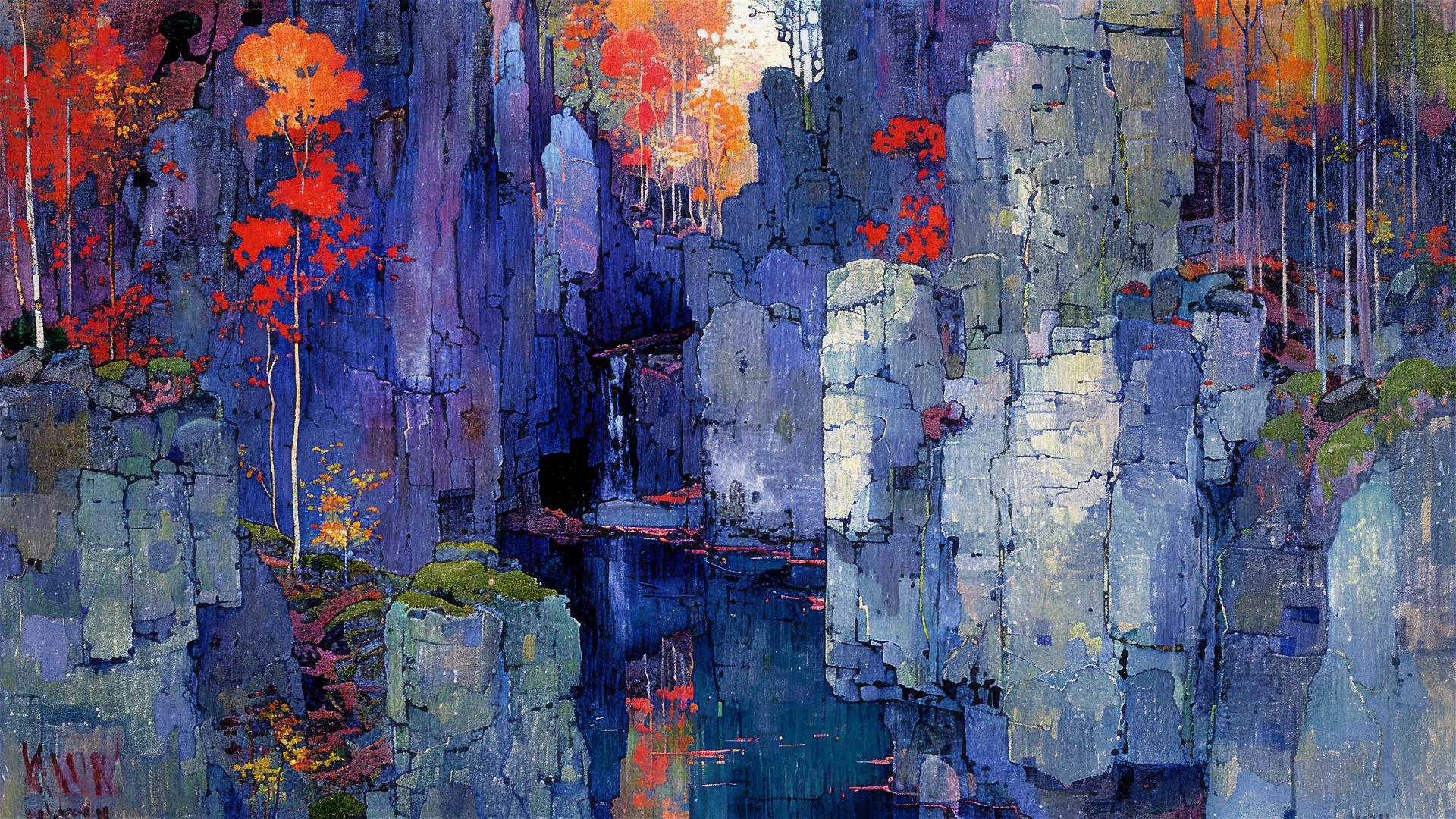 Forest with hidden creatures, autumn leaves, starry night sky, sunset, Klimt style