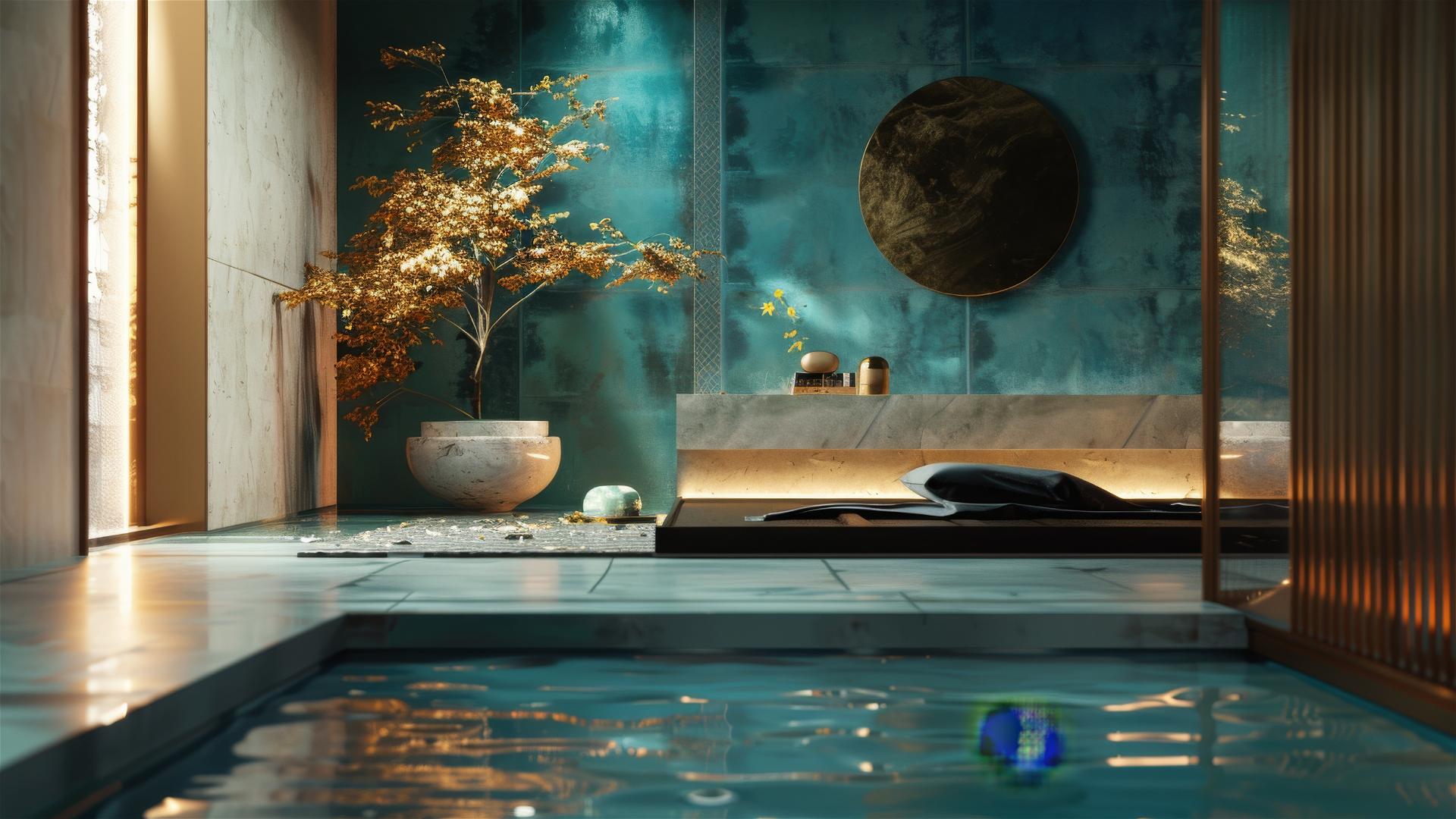 Modern blue-gold luxury villa room with Japanese-inspired design.