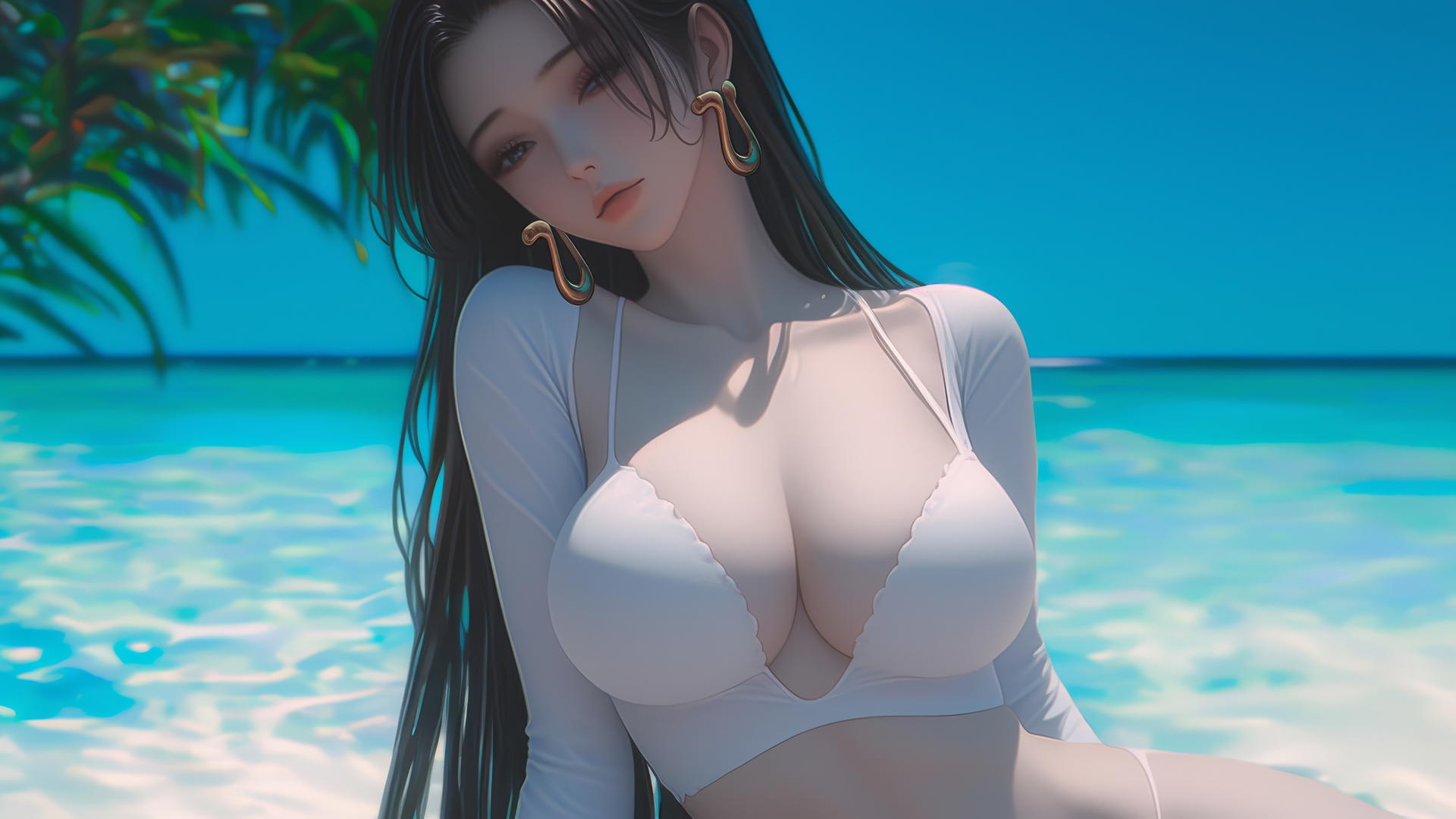 Boa Hancock from One Piece relaxing at a beach with warm light.