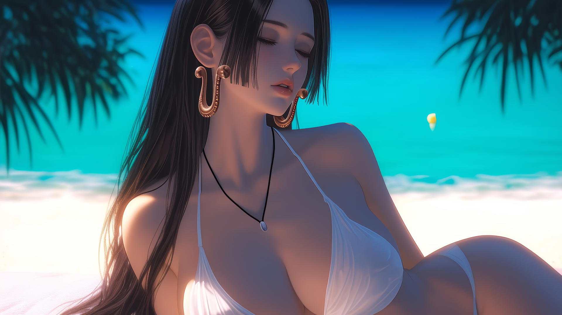 Boa Hancock resting on a beach with a soft warm light glow