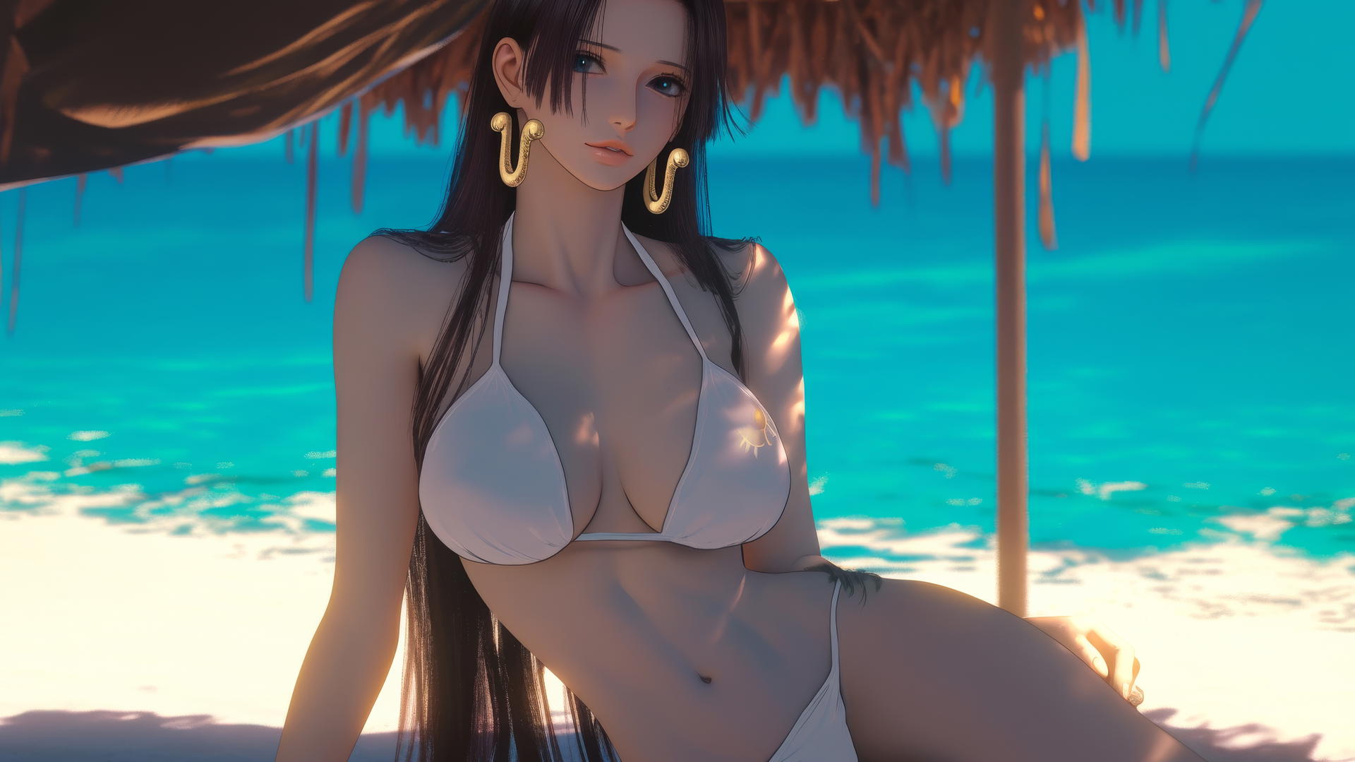 Boa Hancock from One Piece resting at a beach with warm light casting a soft glow