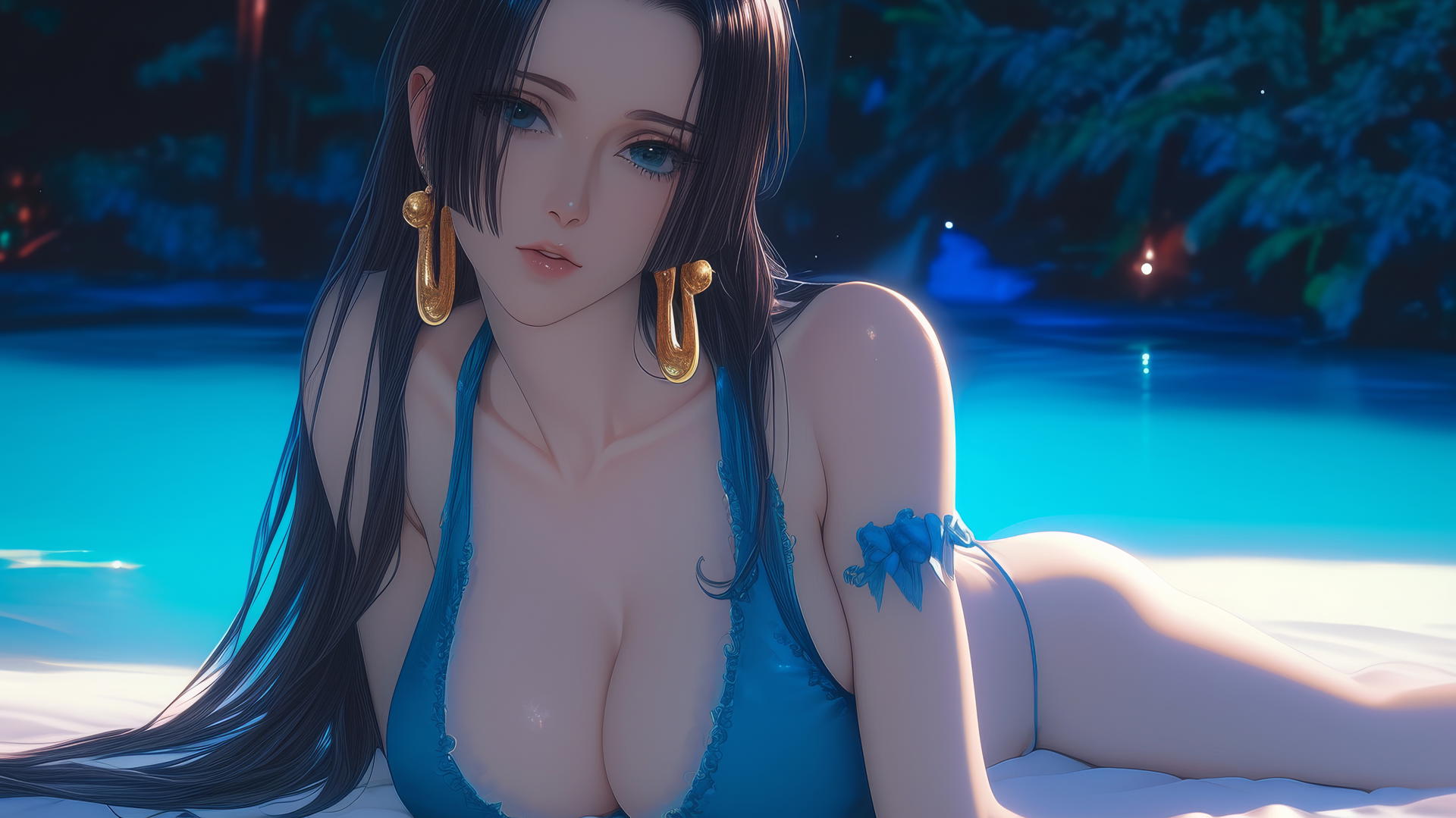 Boa Hancock from One Piece resting at beach in warm light.