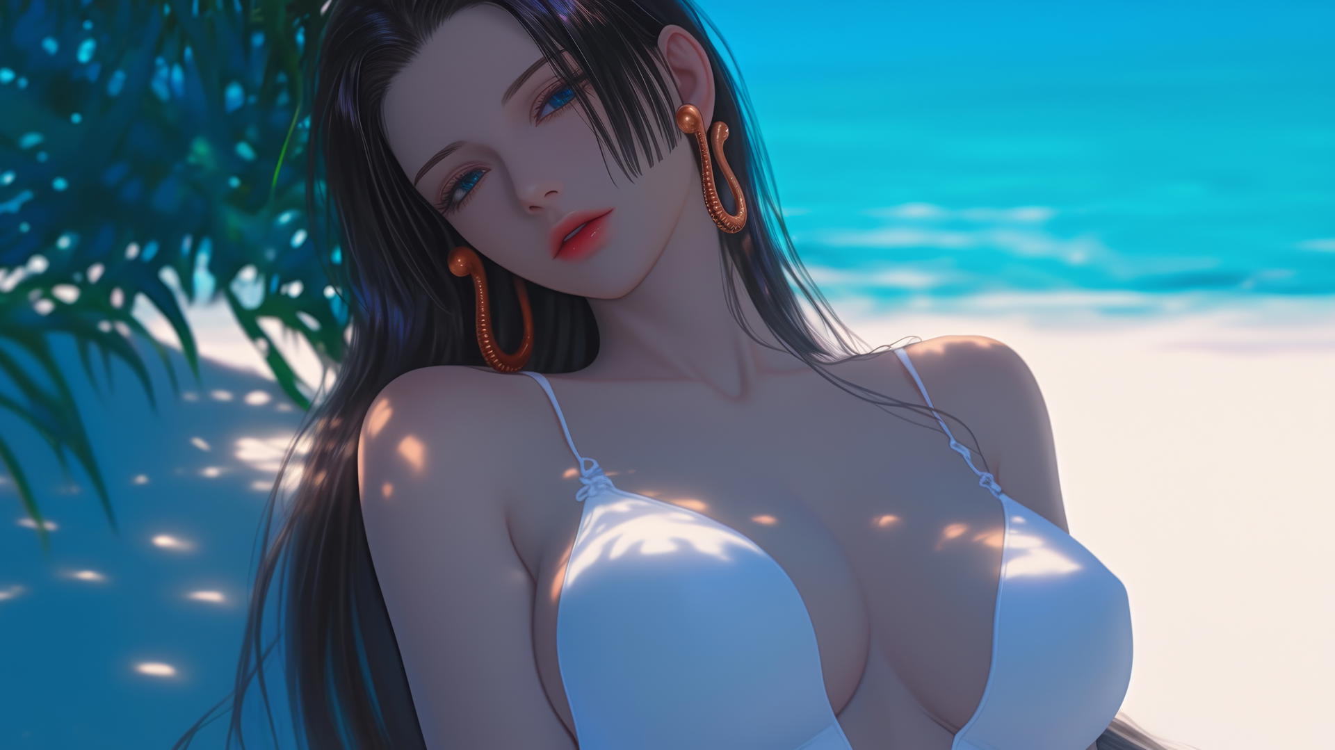 Boa Hancock from One Piece resting at the beach with warm light glow