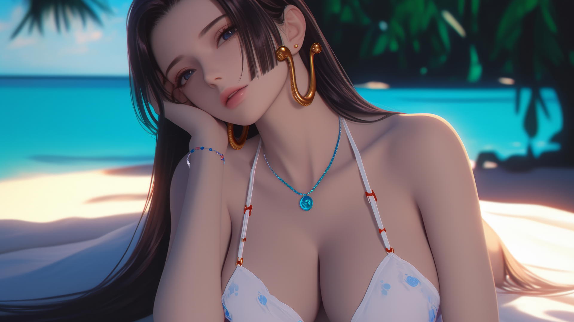 Boa Hancock from One Piece resting at the beach with warm light