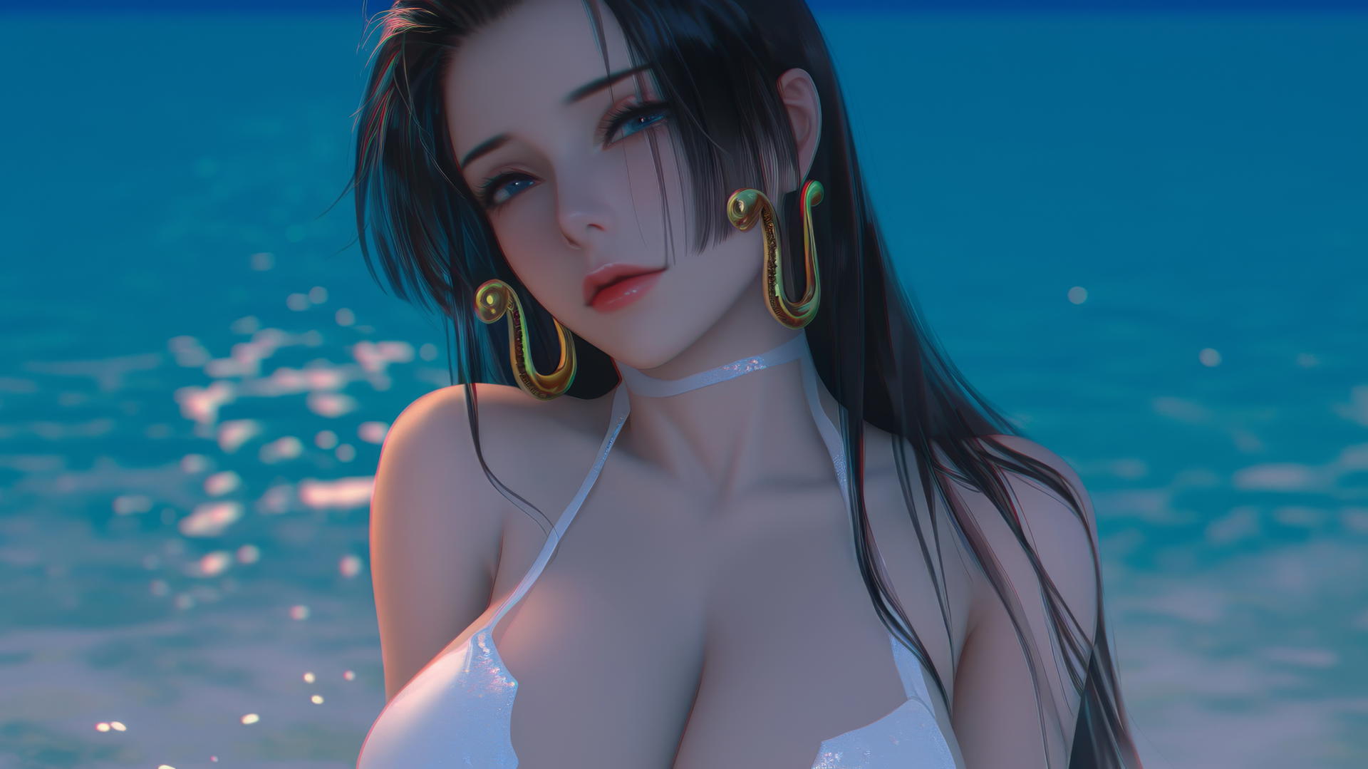 Boa Hancock from One Piece resting at beach with warm light