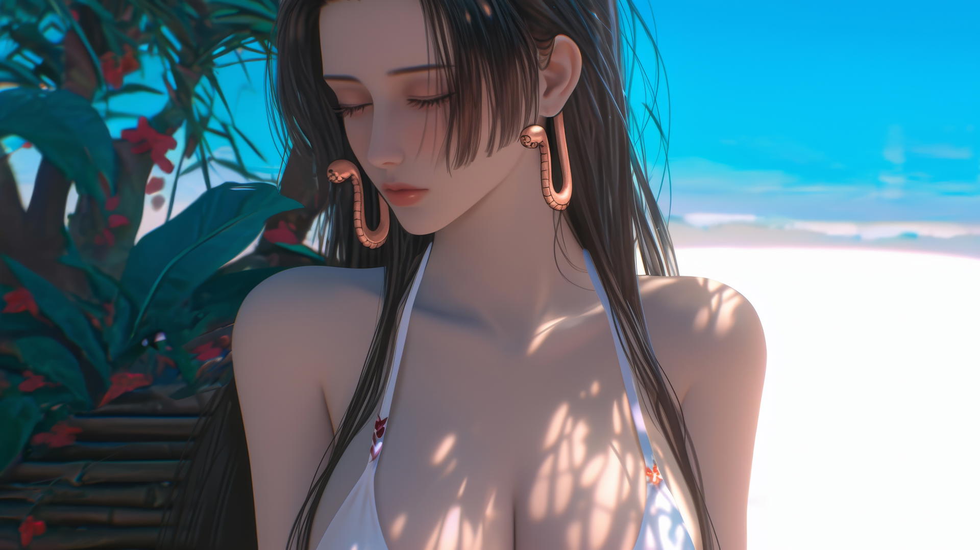 Boa Hancock from One Piece resting at a beach with warm light glow.