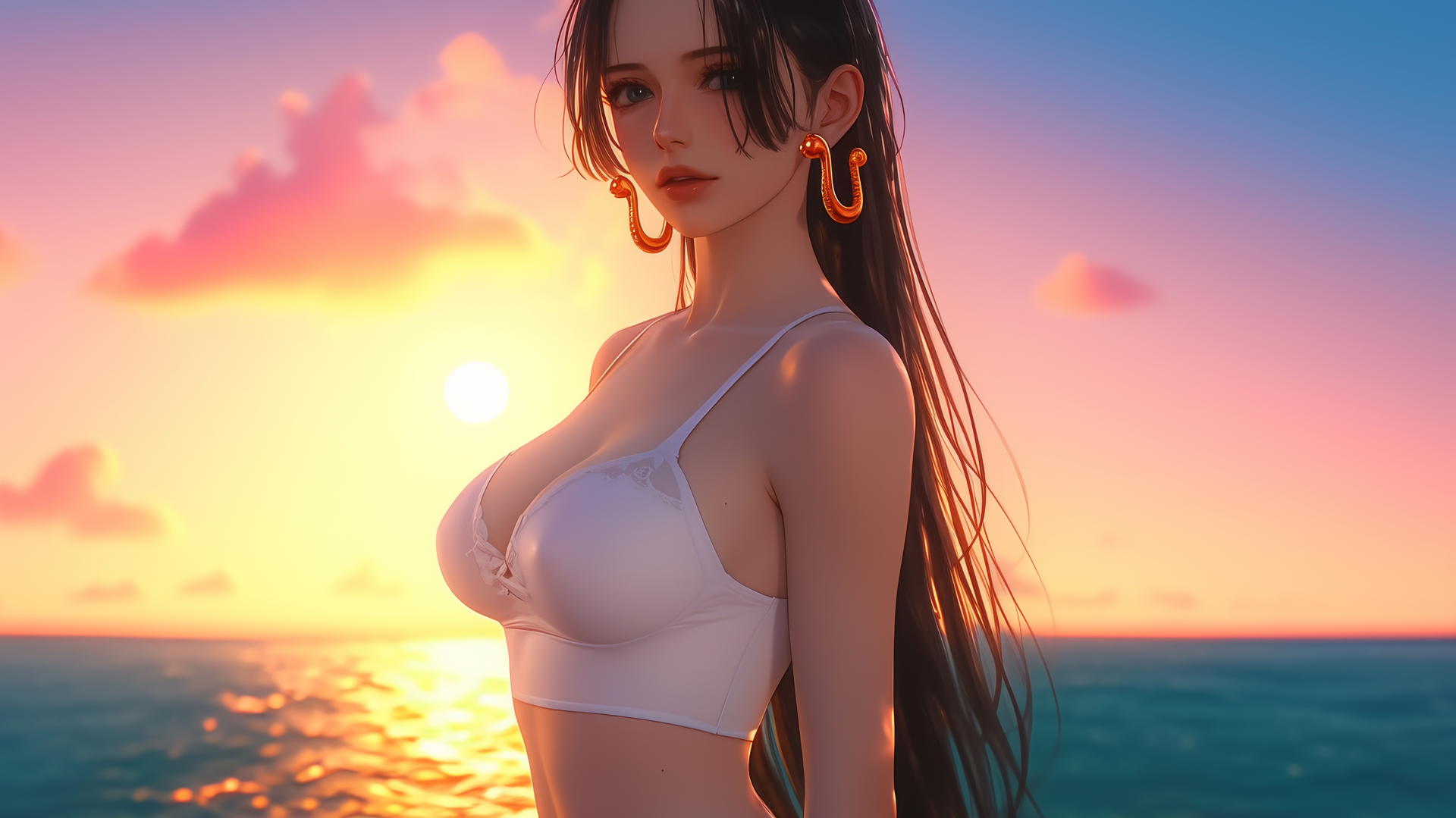 Boa Hancock from One Piece running on a beach during a romantic neon pink sunset