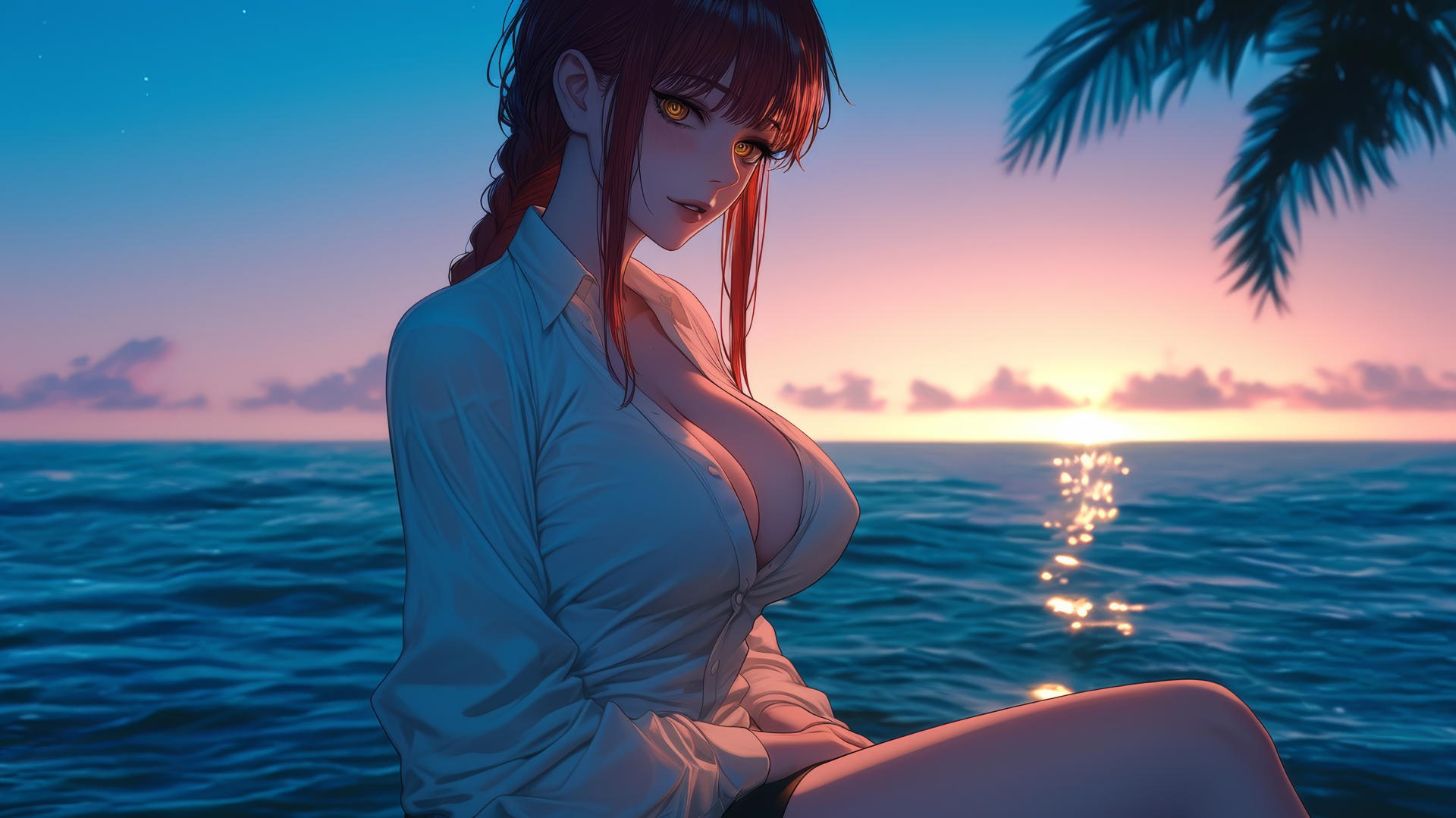 Makima from Chainsaw Man resting at sunset with neon pink sky