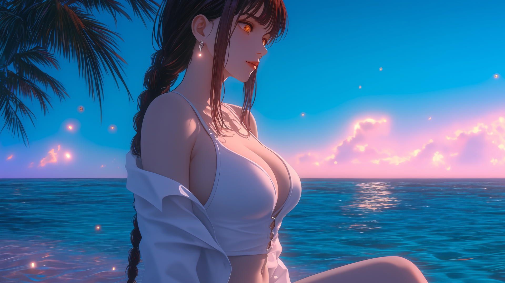 Makima from Chainsaw Man resting at sea during a romantic neon sunset