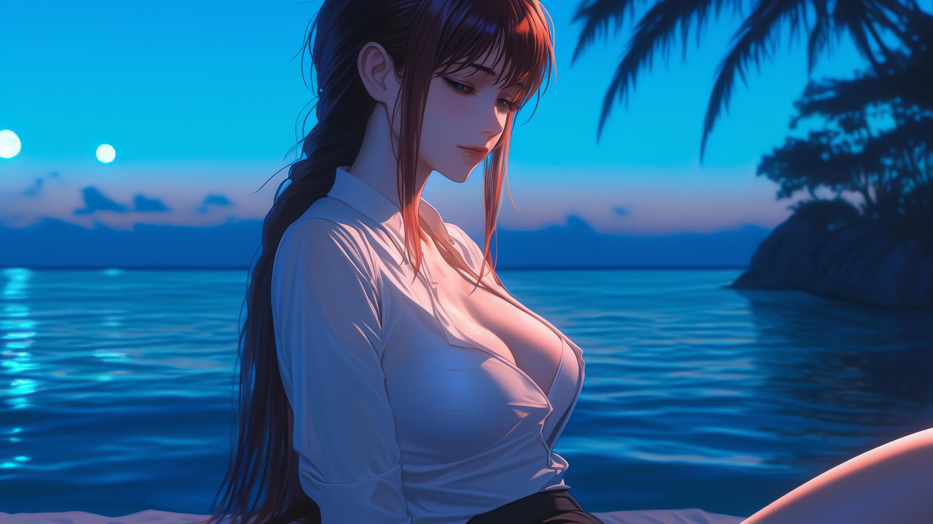Makima from Chainsaw Man resting at sea at sunset with neon pink sky and glow