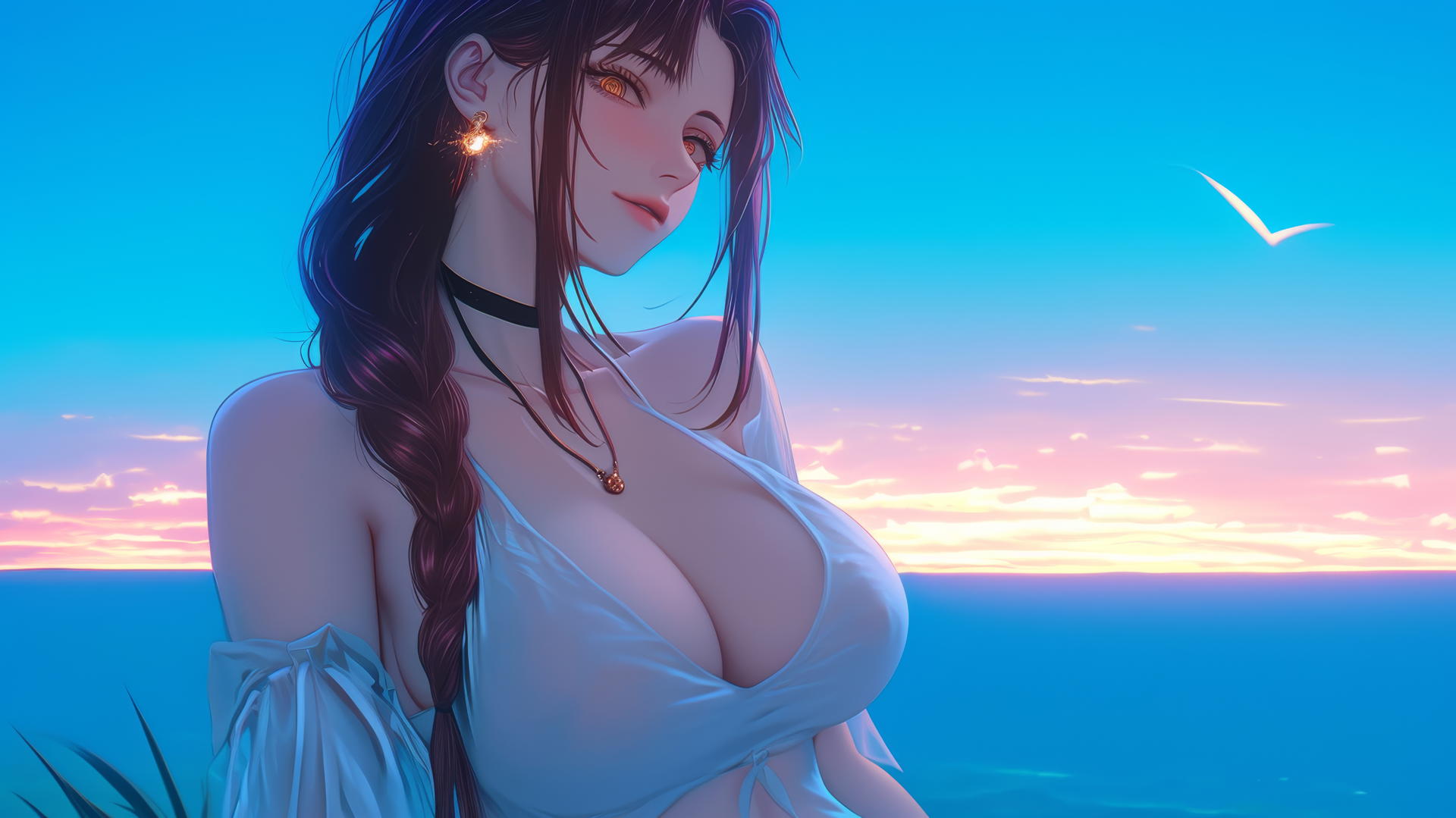 Makima from Chainsaw Man resting at sea during a romantic sunset, neon pink sky.