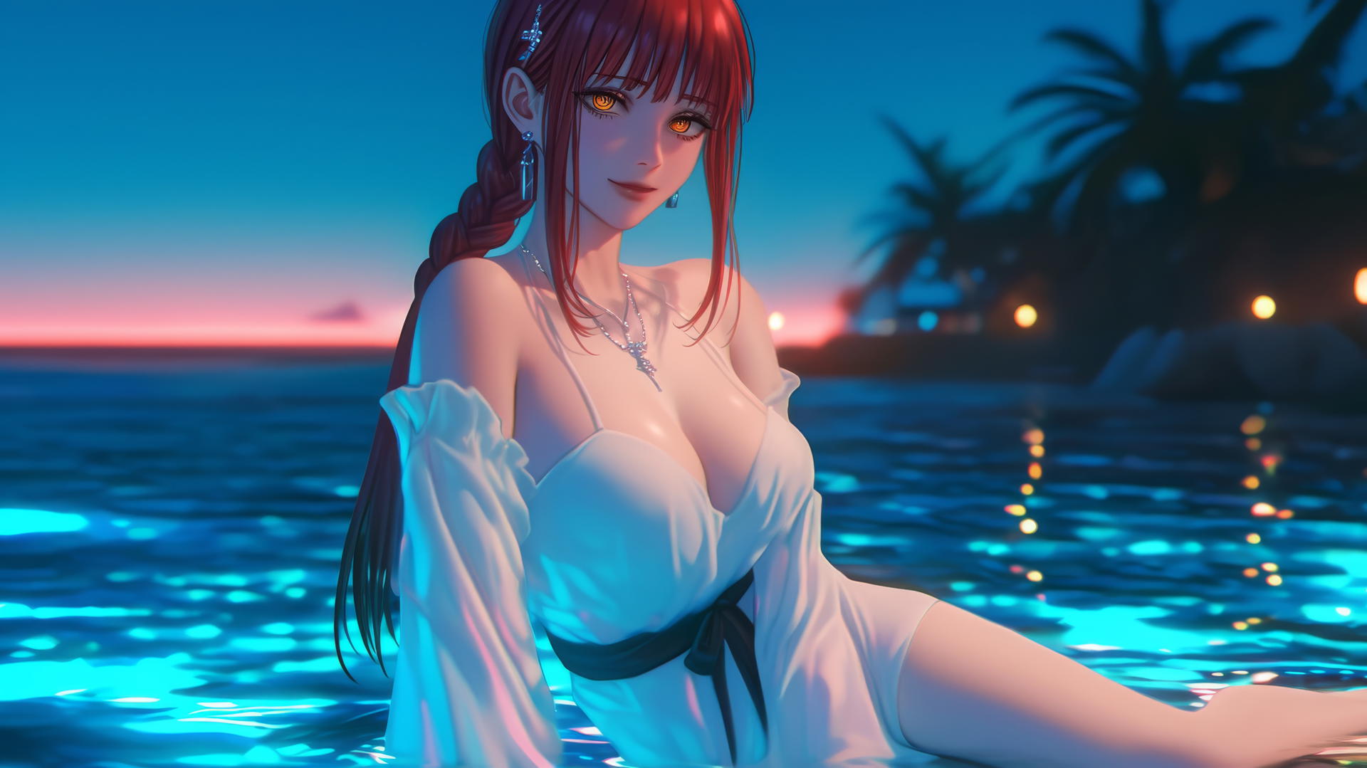 Makima from Chainsaw Man resting at sea during romantic sunset with neon pink sky
